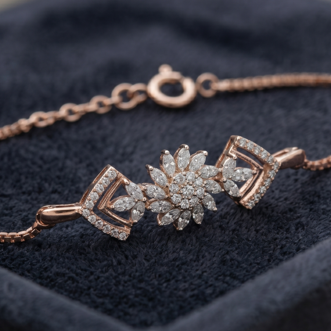 2 CT marquise and round diamond floral bracelet by Kiashaa Jewellery worn on a woman’s wrist.