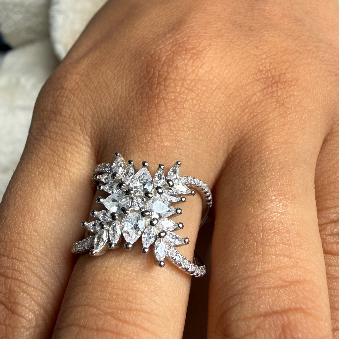 Pear and marquise floral lab-grown diamond statement ring by Kiashaa Jewellery.