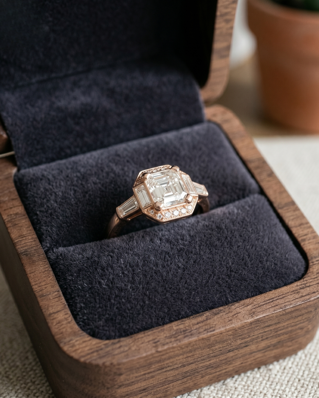 Elegant 1 carat lab-grown diamond ring with radiant center and halo setting