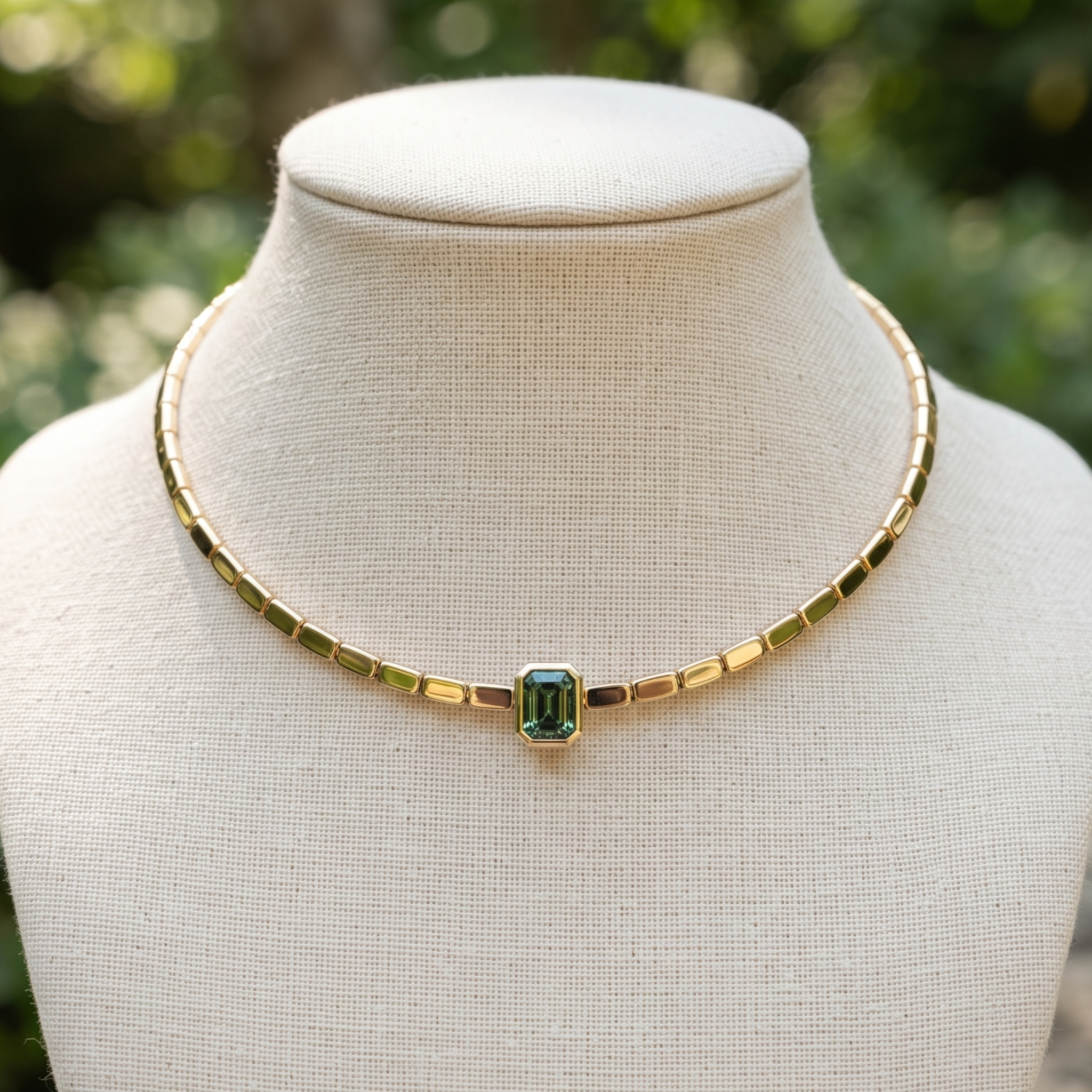 1.73 CT green emerald-cut choker necklace in polished yellow gold.