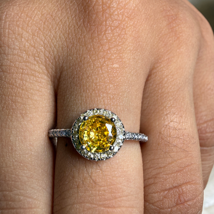 Yellow round gemstone halo ring with lab-grown diamonds by Kiashaa Jewellery.