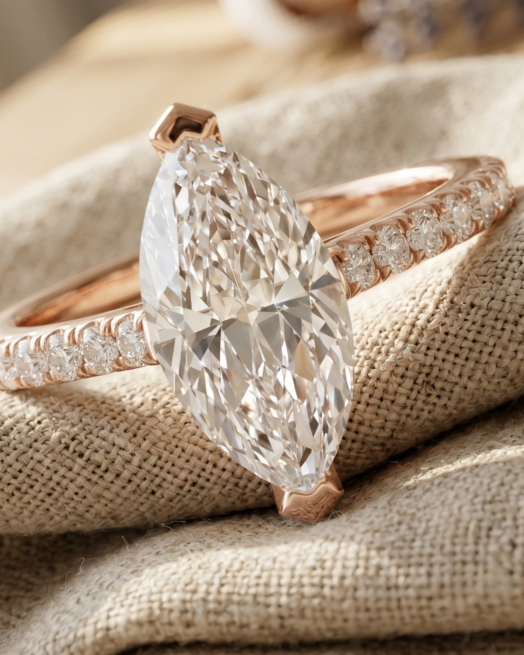 Ladies marquise solitaire diamond ring in rose gold