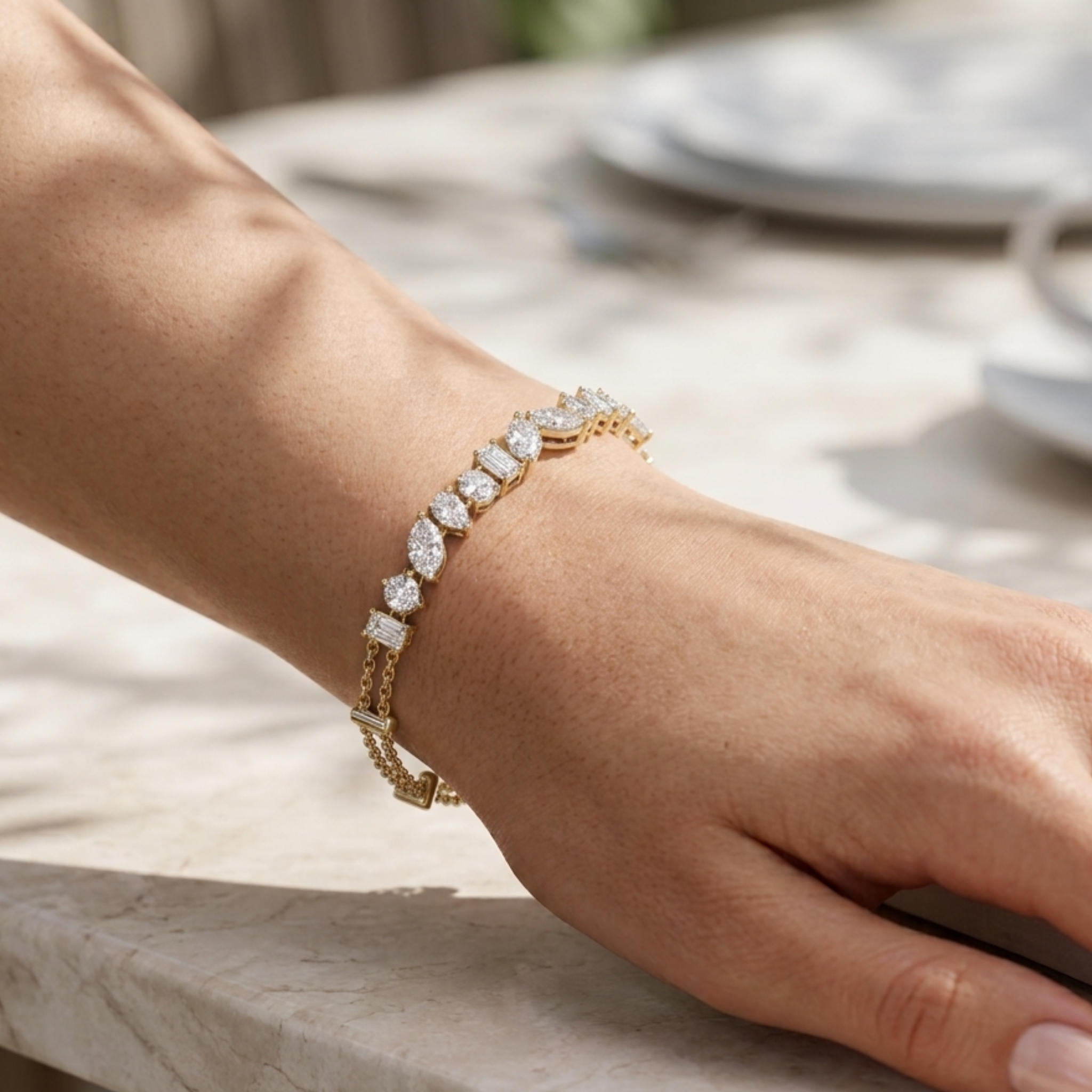 A close-up of a person's wrist wearing a delicate gold bracelet adorned with sparkling clear stones, resting on a light marble surface.