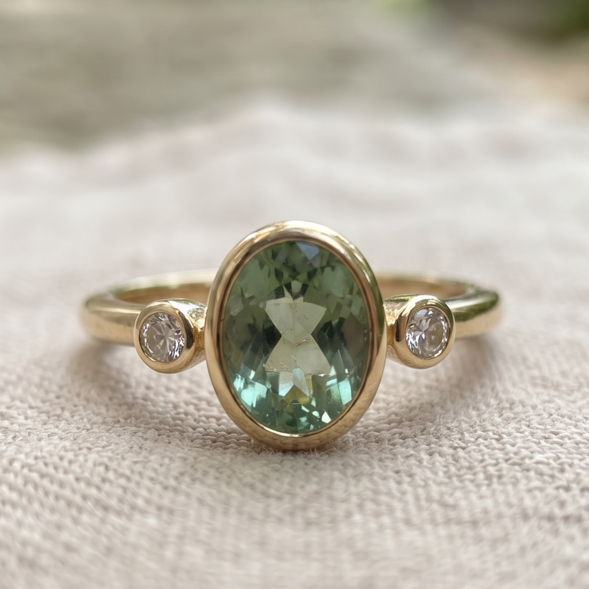 Front view of a 2 CT oval green gemstone three-stone bezel ring in yellow gold.