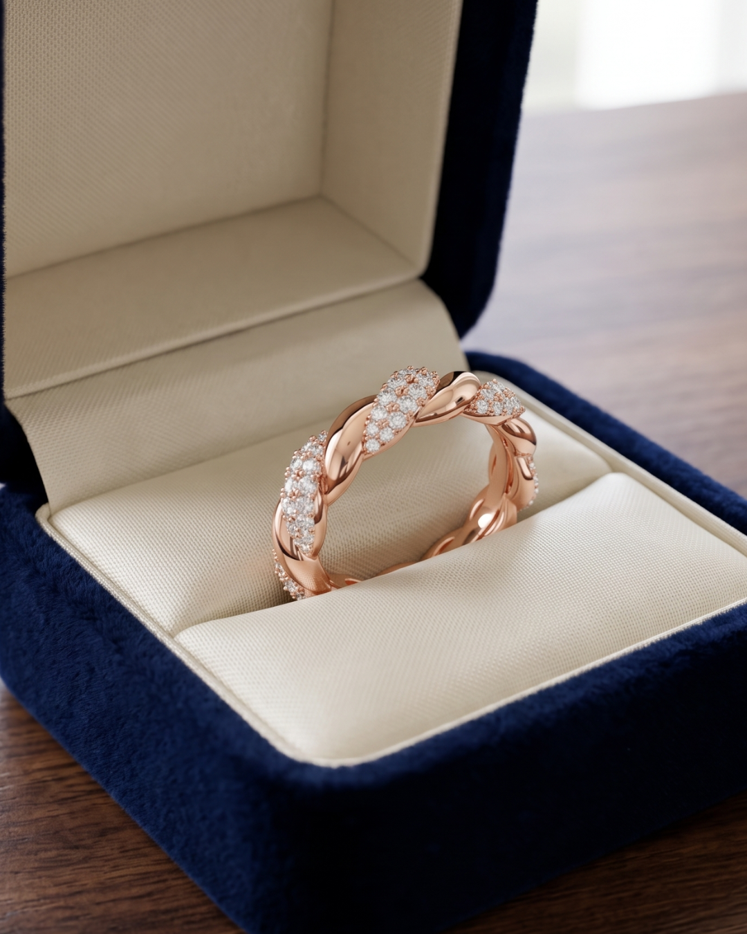 Close-up of a round lab-grown diamond cluster band by Kiashaa Jewellery with a polished rose gold twist design.