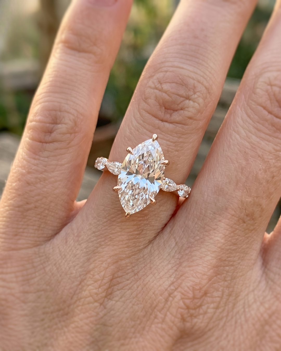 Luxury marquise lab-grown diamond ring by Kiashaa Jewellery in rose gold with a nature-inspired accent band.