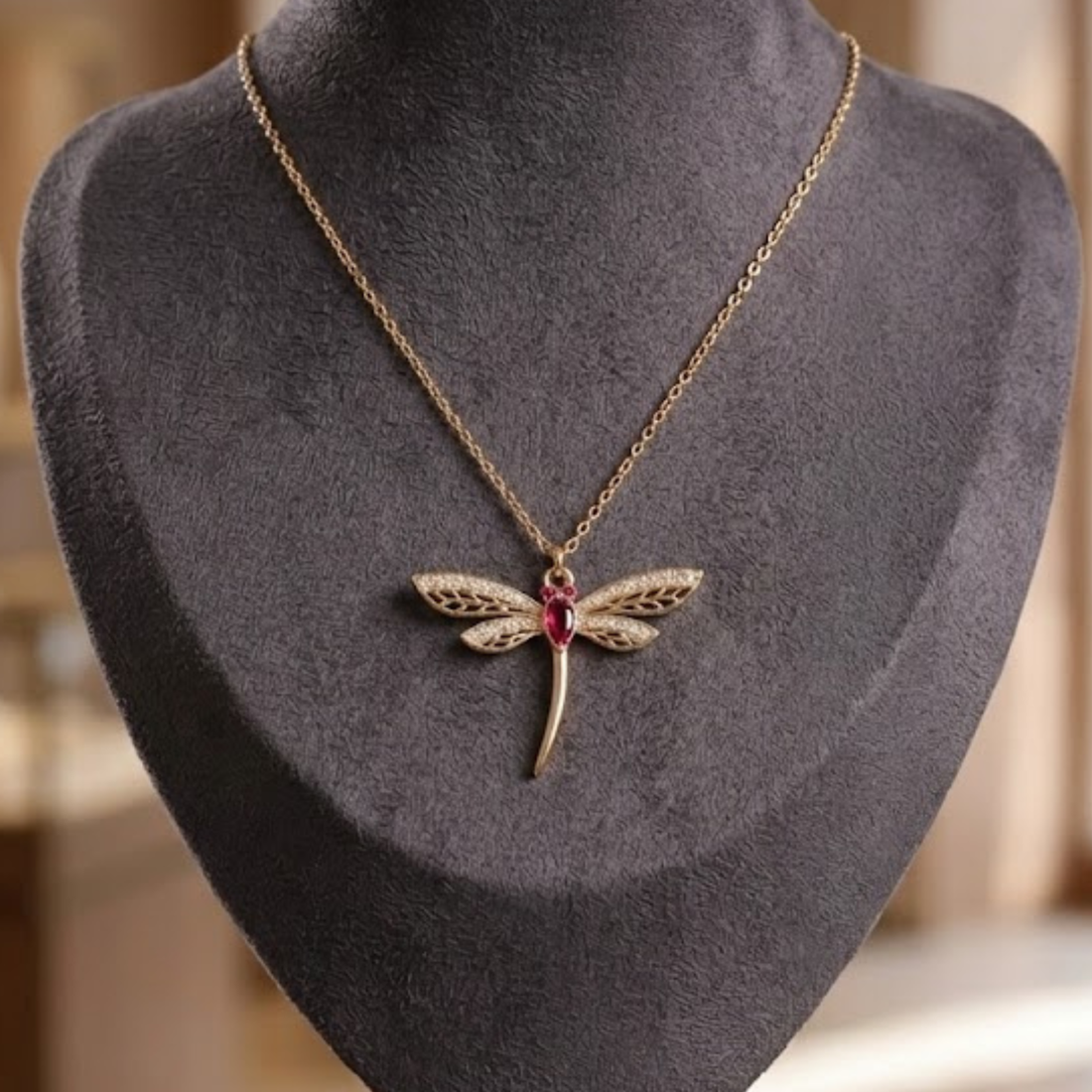 A gold dragonfly pendant necklace with a small red gemstone at its center, displayed on a dark gray velvet jewelry bust.