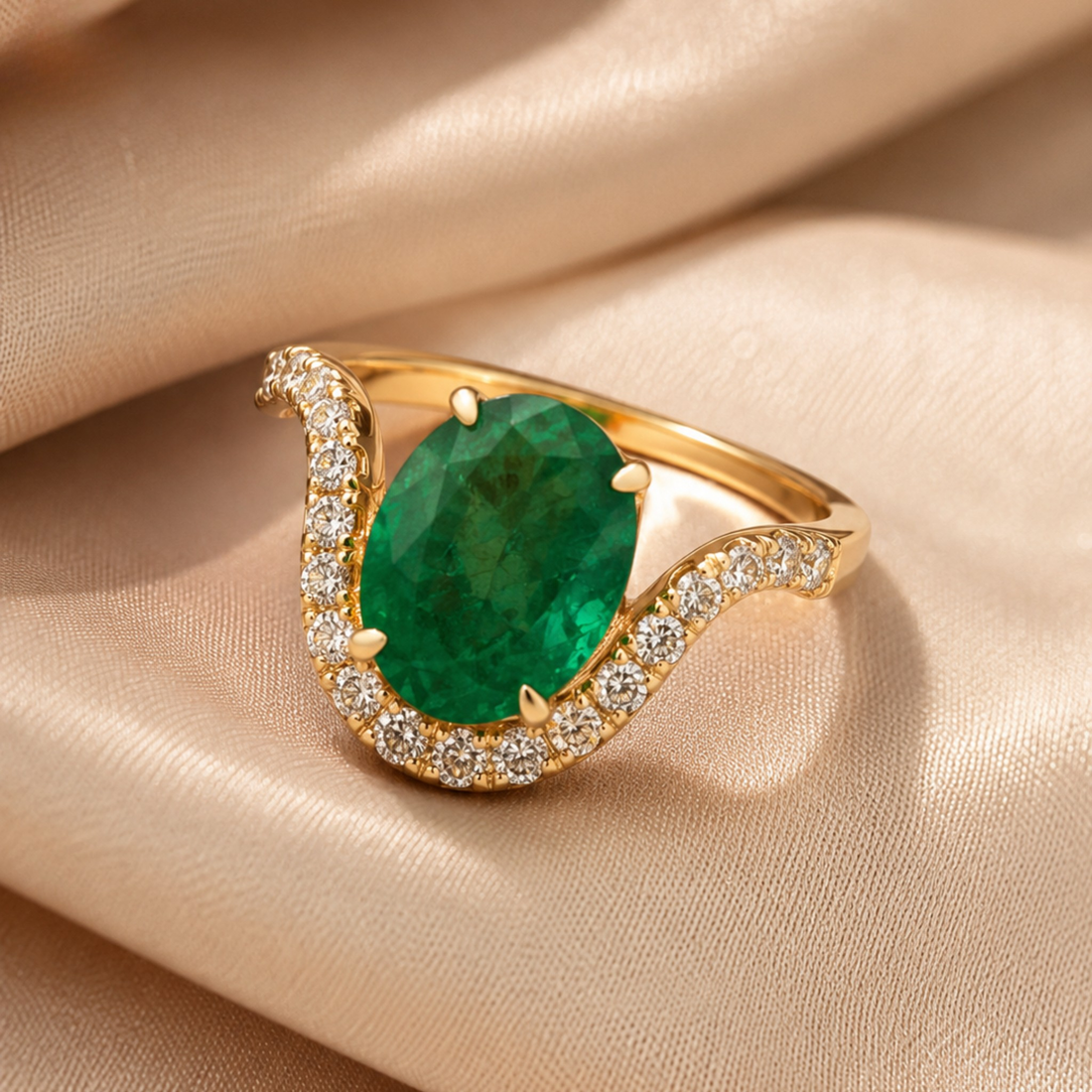 A gold ring featuring a large oval-cut green emerald center stone and a curved pavé halo of small clear stones, displayed on draped champagne-colored satin fabric.
