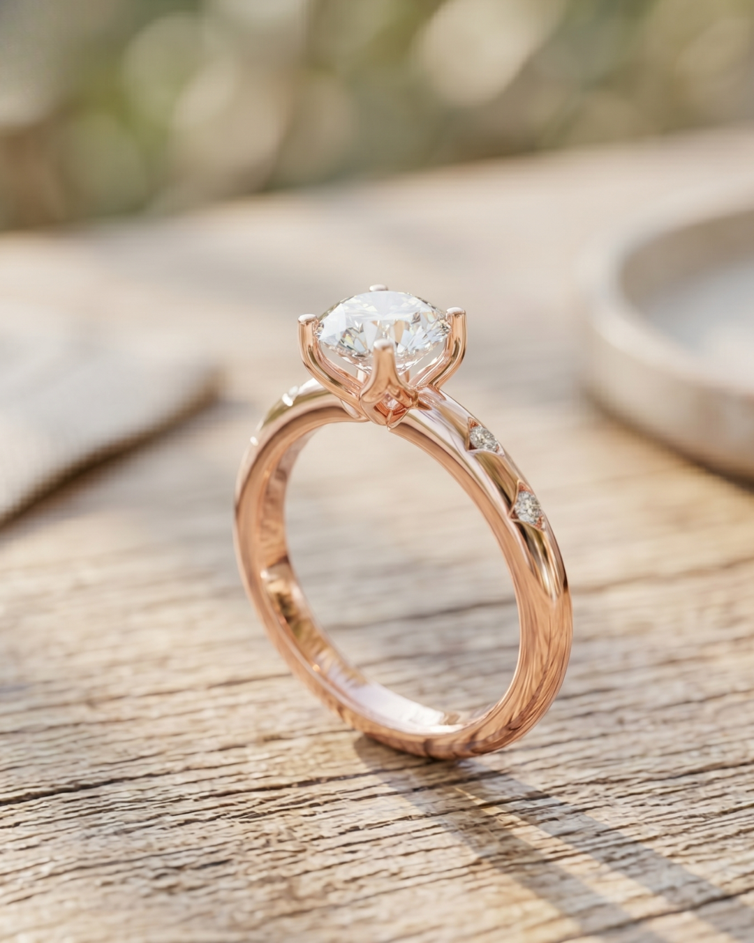 Luxury round lab-grown diamond ring by Kiashaa Jewellery in rose gold for engagements and wedding proposals.