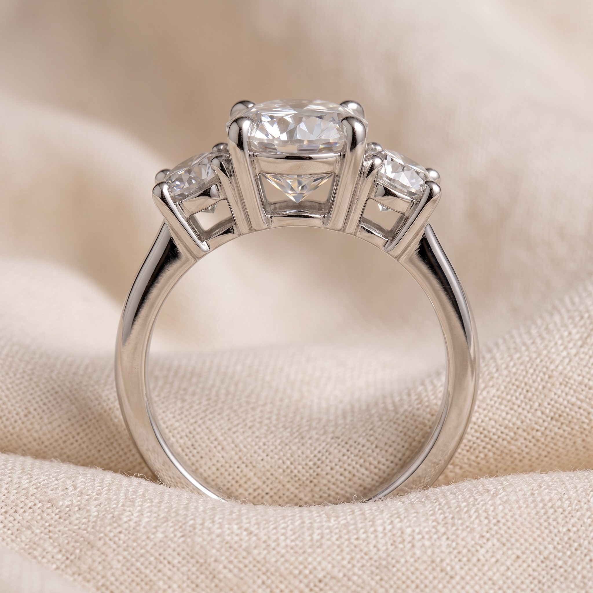 Three-stone diamond proposal ring with 3 mm round side diamonds