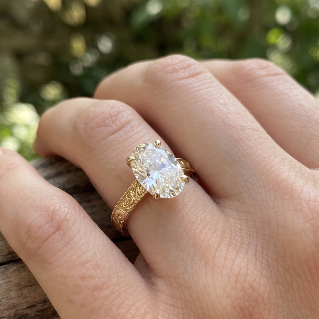 Vintage-Inspired 3 CT Oval Diamond Engraved Solitaire Ring in 14K & 18K Gold