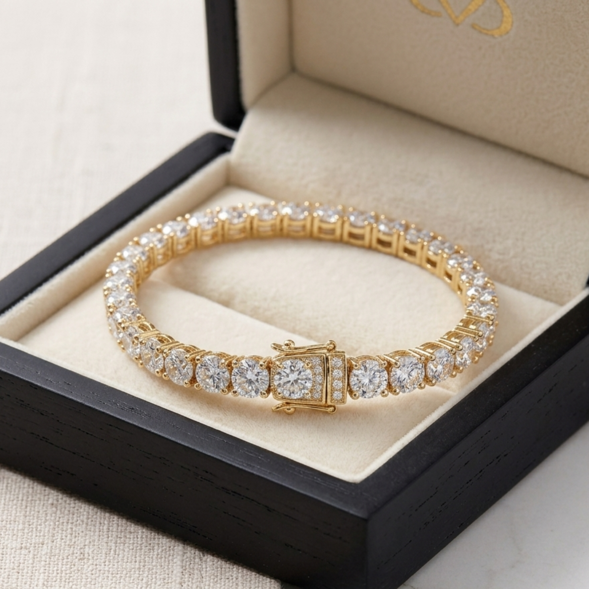 A yellow gold tennis bracelet set with clear round and baguette-cut diamonds, displayed inside an open black jewelry box with a cream velvet lining.