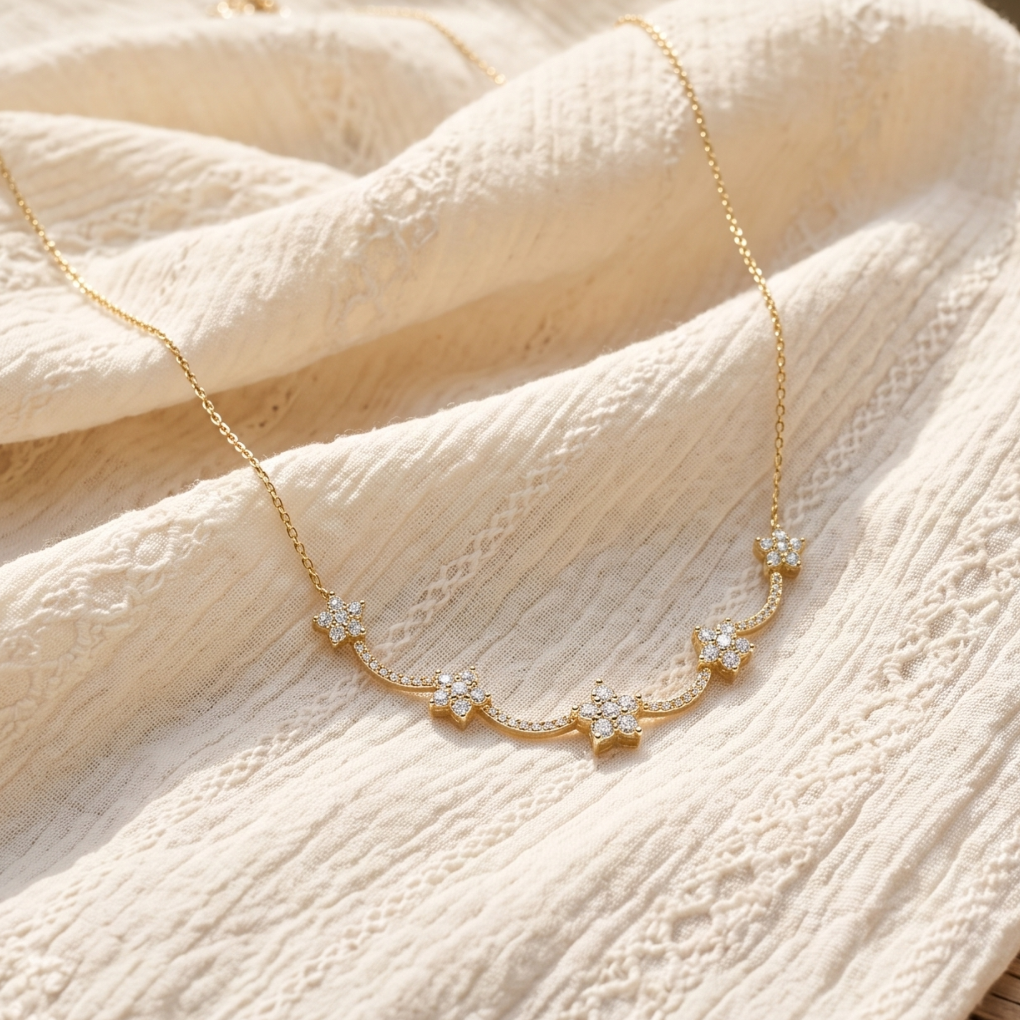 A delicate gold necklace with five small star-shaped clusters of clear stones, displayed on a textured cream-colored fabric.