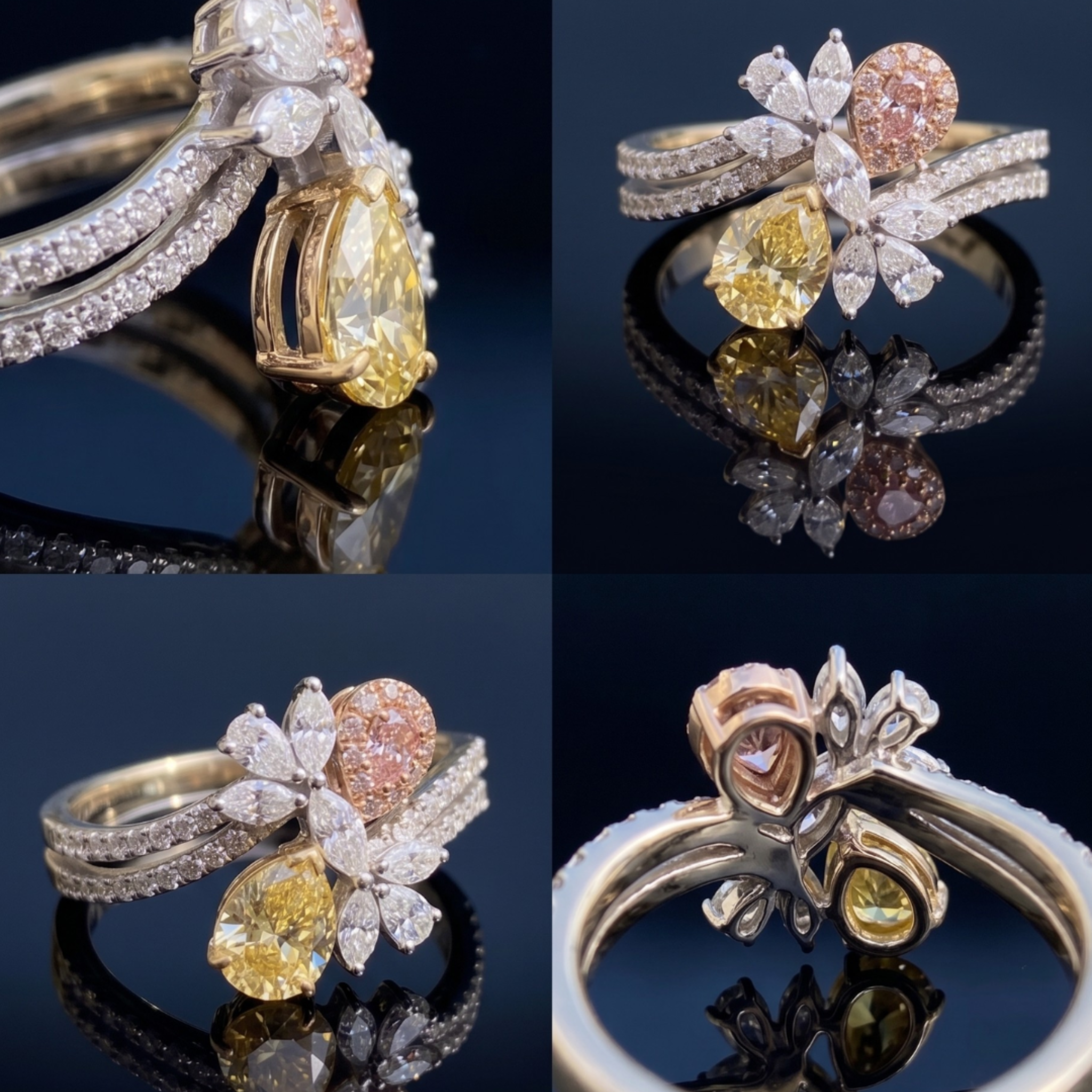 Aurora Bloom 3 CTW multi-color diamond floral ring by Kiashaa Jewellery with yellow and pink pear-shaped diamonds.