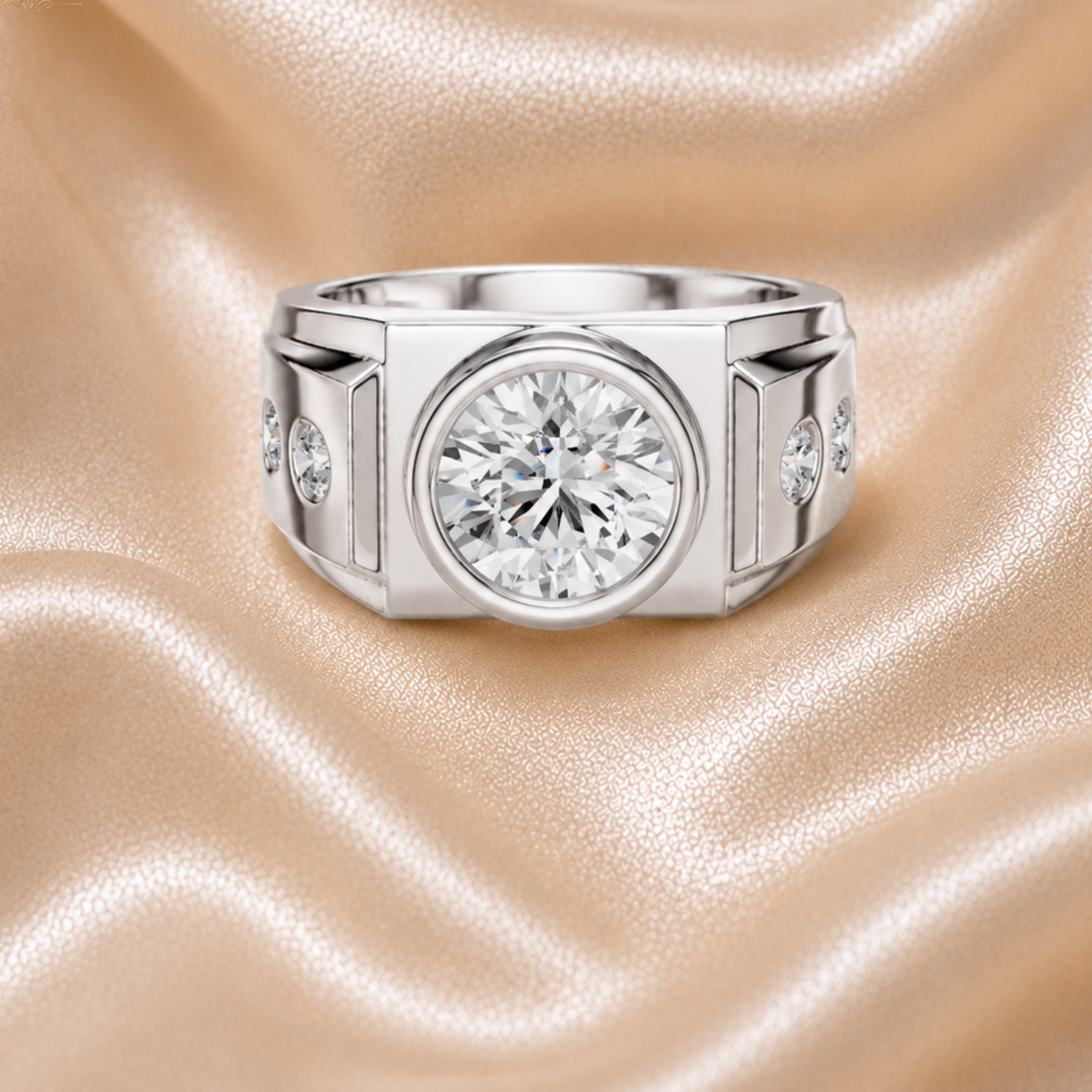 A silver-toned men's ring with a large round brilliant-cut center stone and smaller accent stones on the shoulders, displayed on a draped champagne satin fabric background.