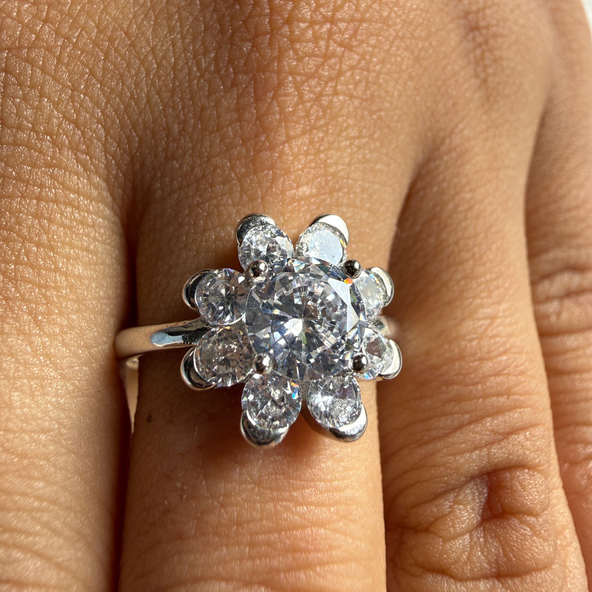 Round floral lab-grown diamond cluster ring in white gold by Kiashaa Jewellery.