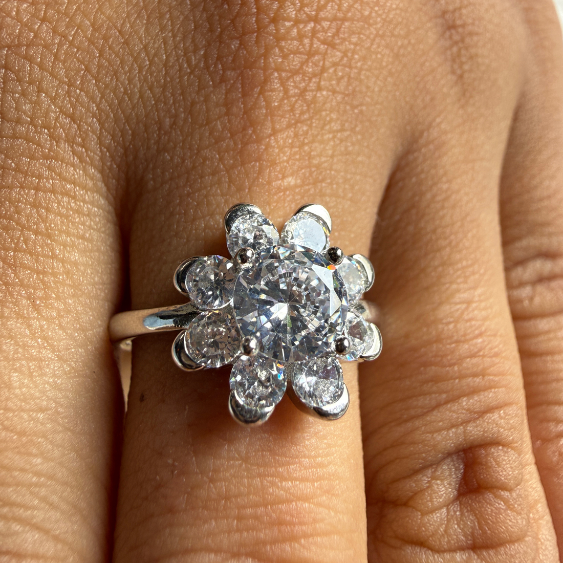 Round floral lab-grown diamond cluster ring in white gold by Kiashaa Jewellery.