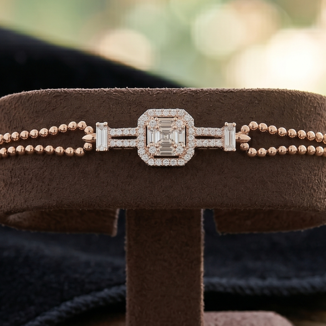 0.60 CT geometric baguette diamond bracelet in rose gold by Kiashaa Jewellery worn on the wrist.