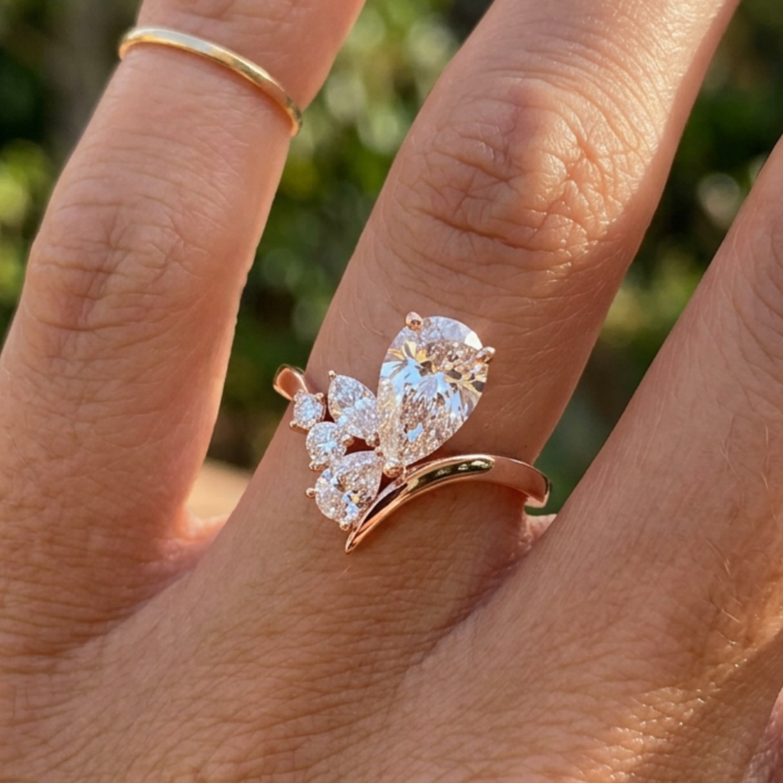 Flora Embrace 3 CTW lab-grown diamond ring by Kiashaa Jewellery with a 2 CT pear center and multi-shape side diamonds.
