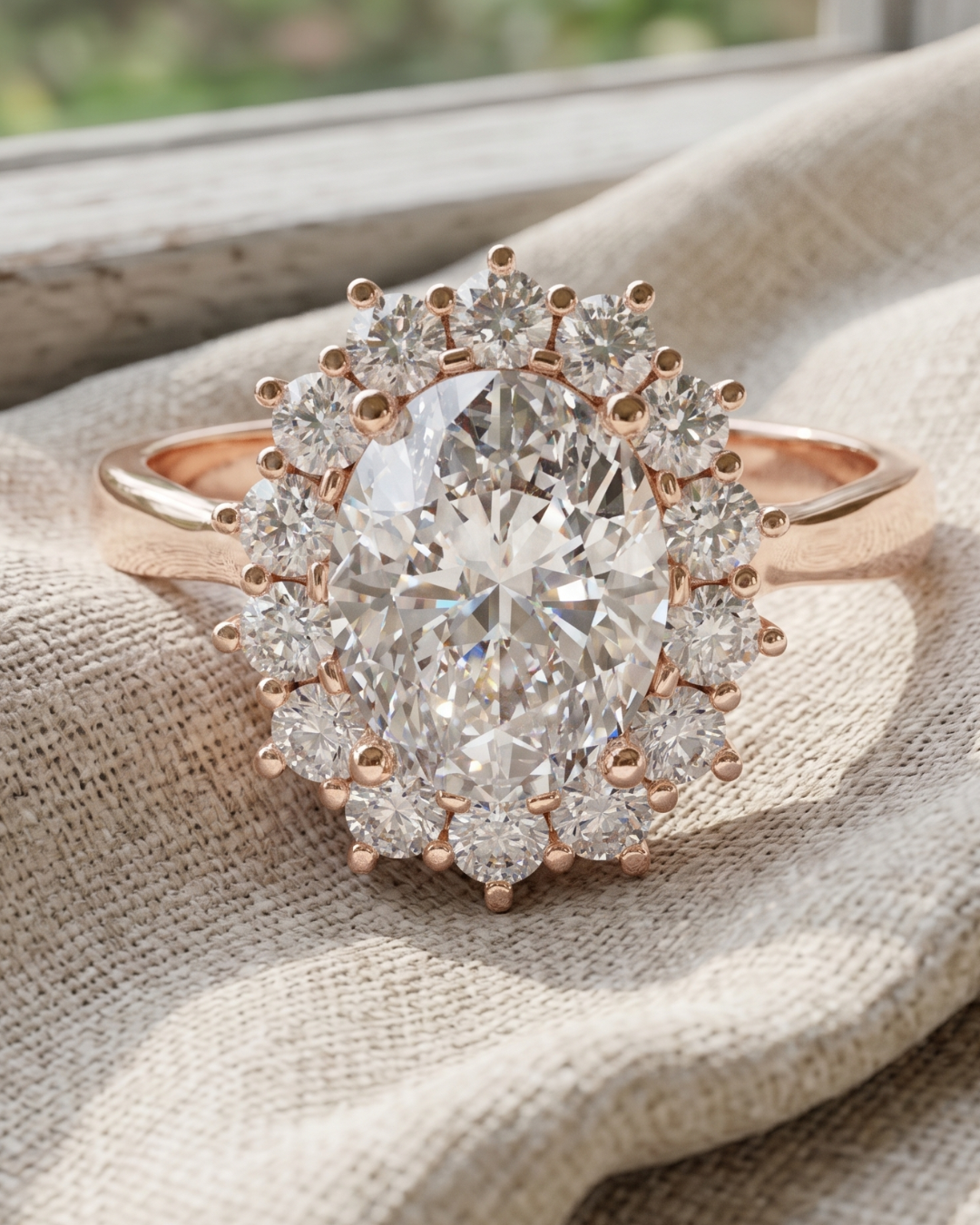 Luxury 2.560 CT oval diamond halo ring by Kiashaa Jewellery in rose gold for engagements and wedding proposals.