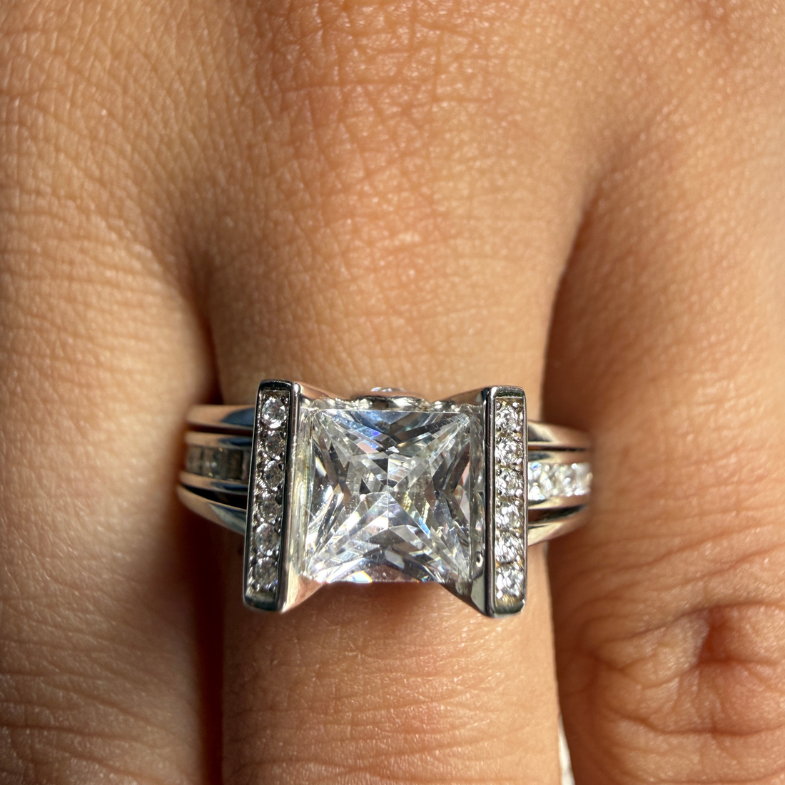 Princess-cut lab-grown diamond split-shank ring in white gold by Kiashaa Jewellery.