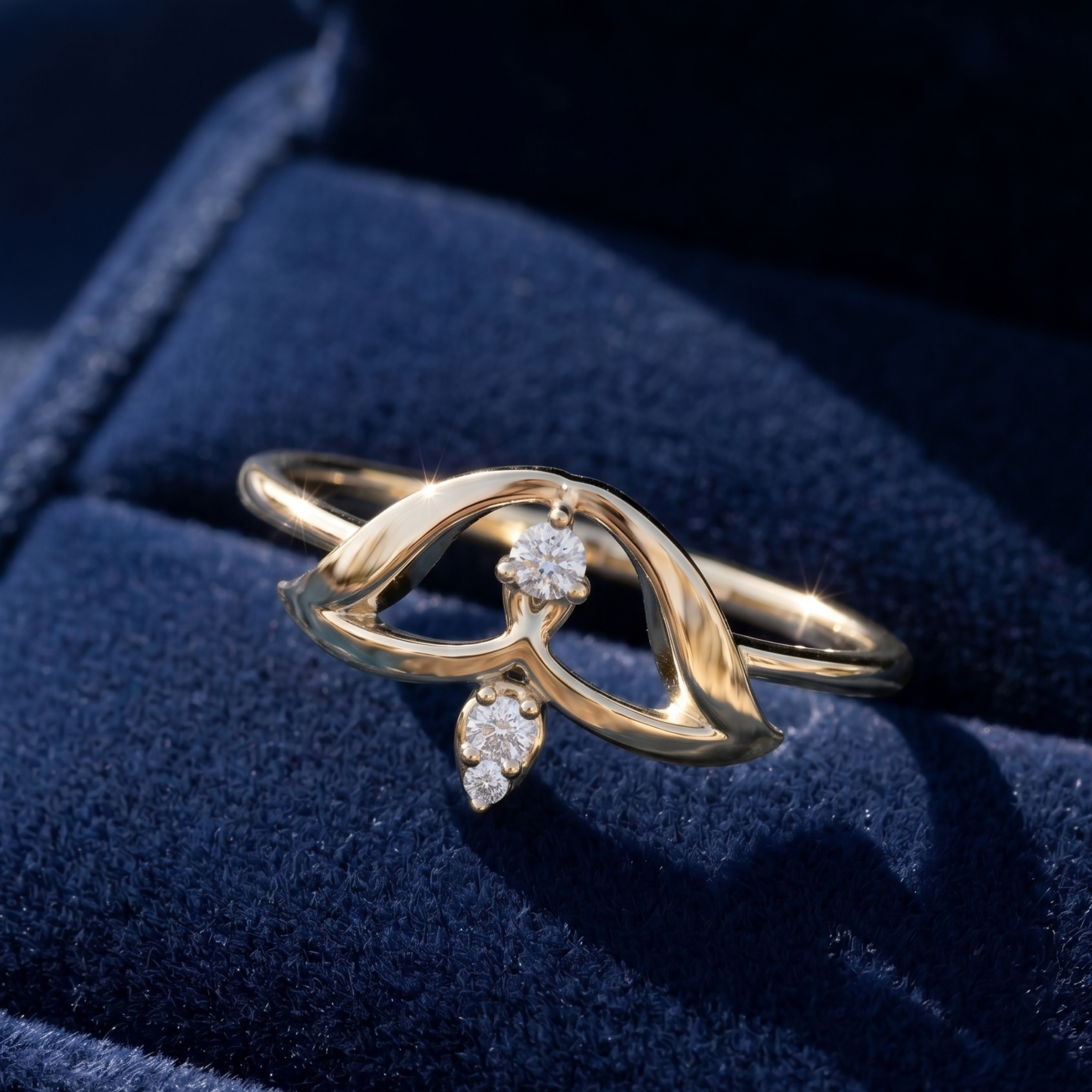 A gold ring with an abstract, flowing openwork design and two small clear gemstones, displayed on a dark blue velvet ring box.