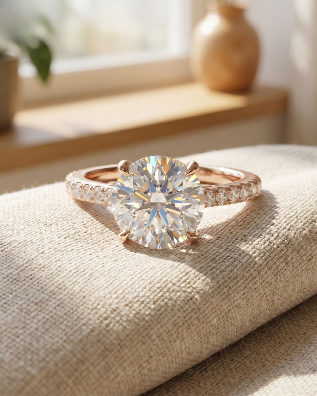 Elegant round lab-grown diamond ring by Kiashaa Jewellery in rose gold with a classic prong-set solitaire design.