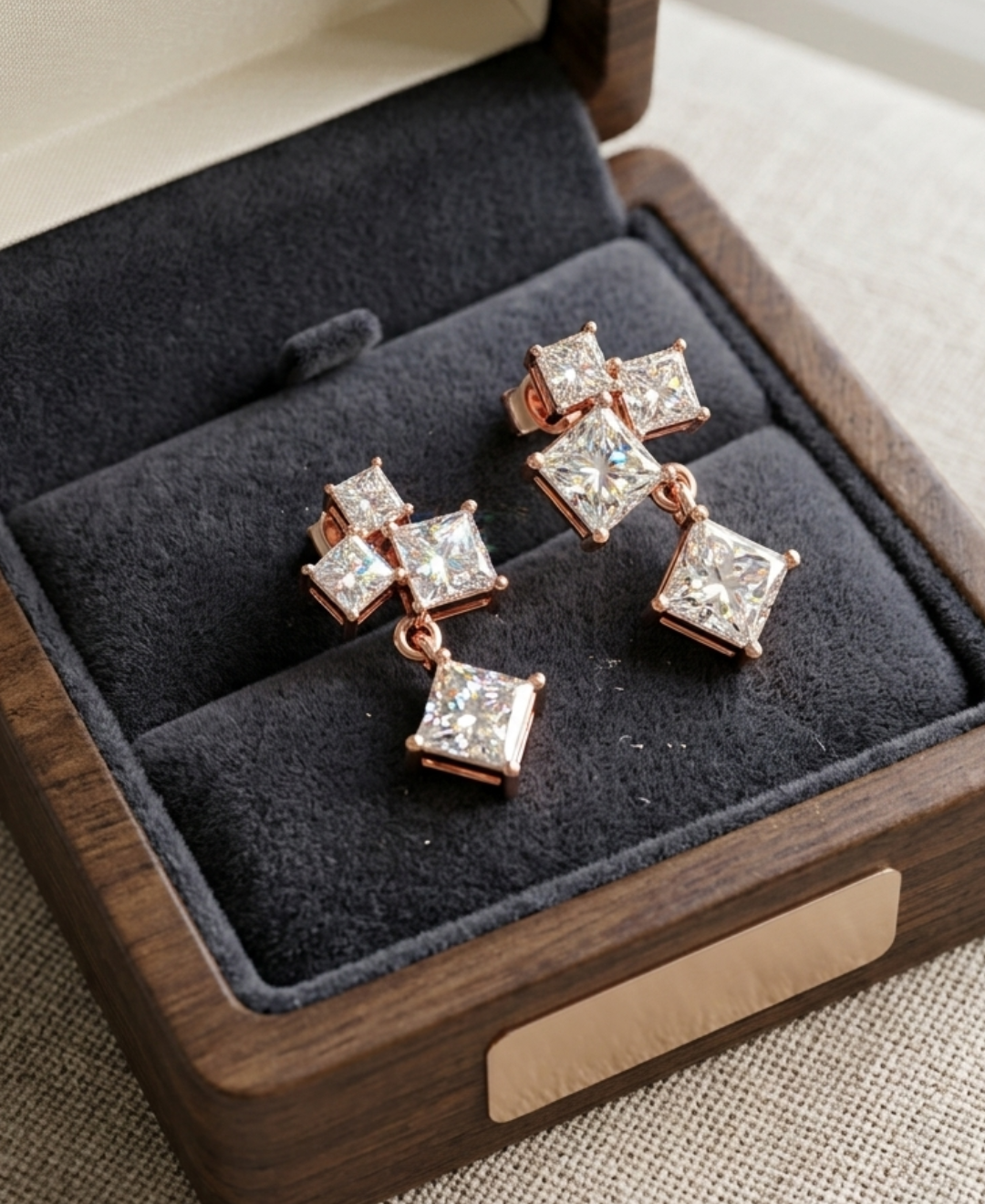 Matching pair of 3.780 CTW princess-cut diamond earrings displayed in a hand for scale.