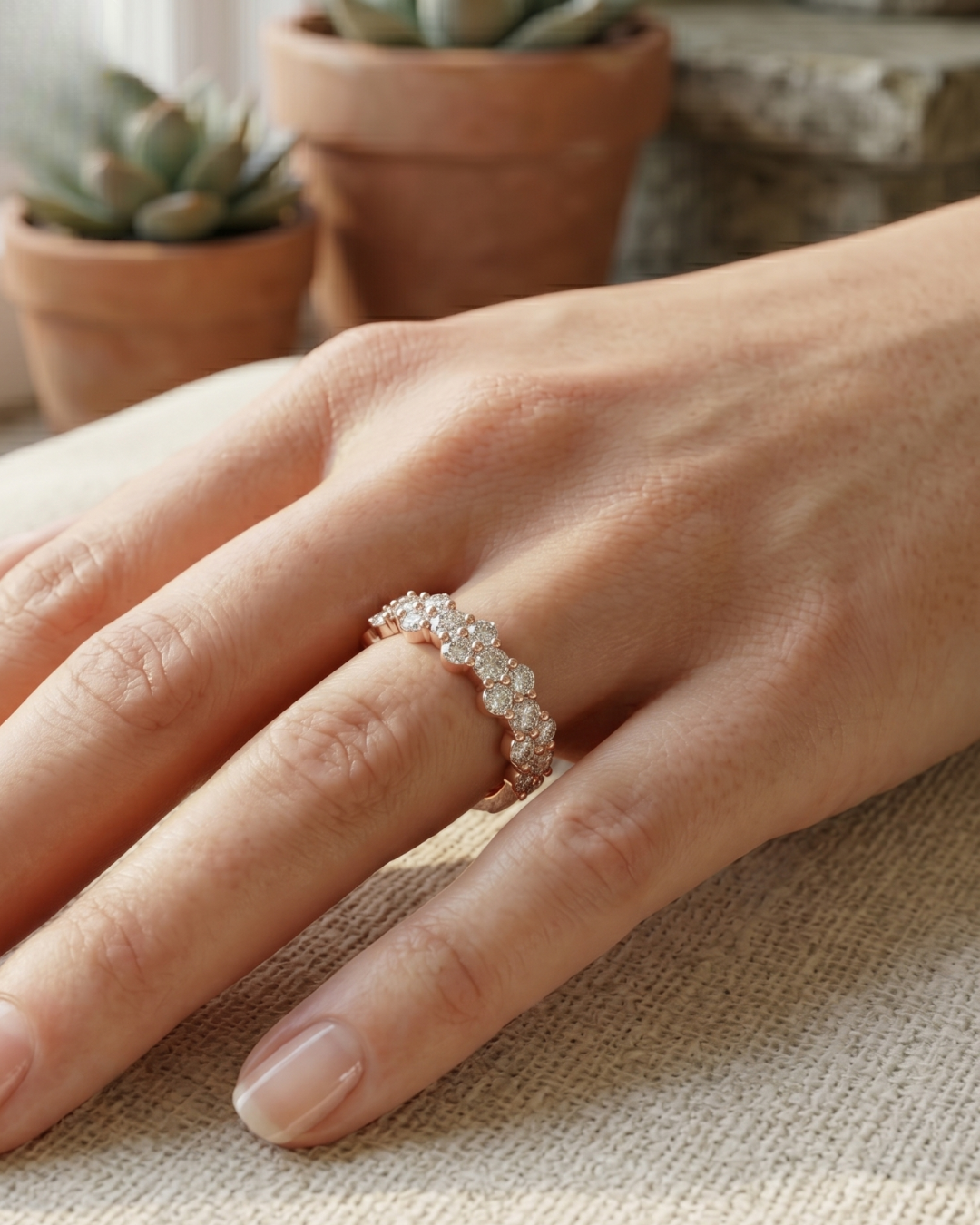 Luxury round lab-grown diamond cluster ring by Kiashaa Jewellery in rose gold for anniversaries and weddings.