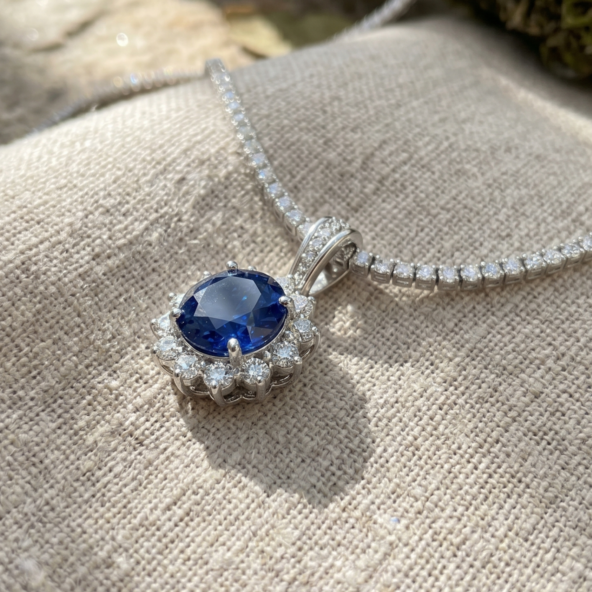 A silver pendant necklace featuring a round deep blue sapphire gemstone surrounded by a halo of small clear stones, resting on a textured beige fabric surface.