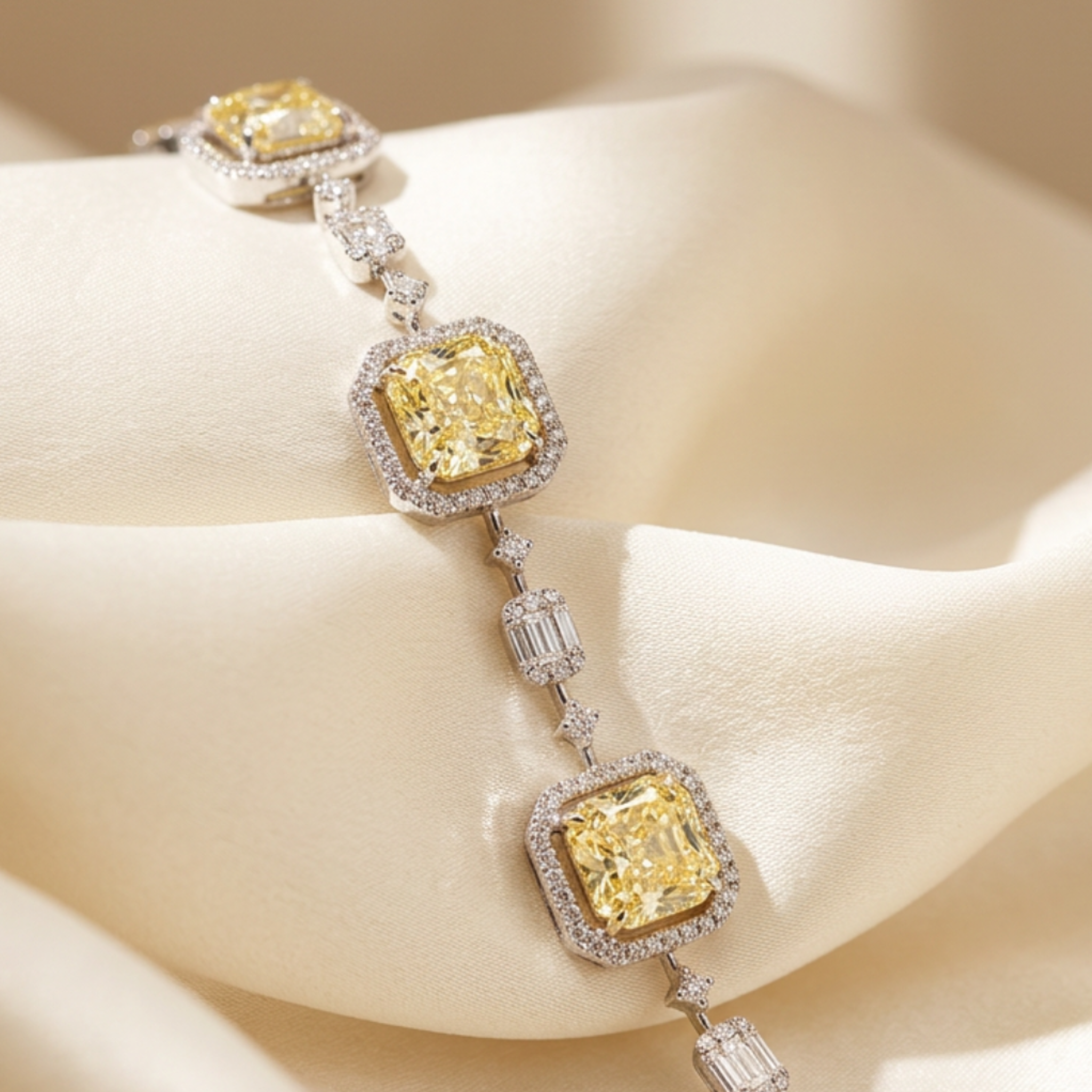 A close-up of a yellow diamond bracelet displayed on a cream satin surface. The bracelet features three cushion-cut yellow center stones surrounded by halos of small clear stones, connected by baguette-cut clear stones in a silver-toned setting.
