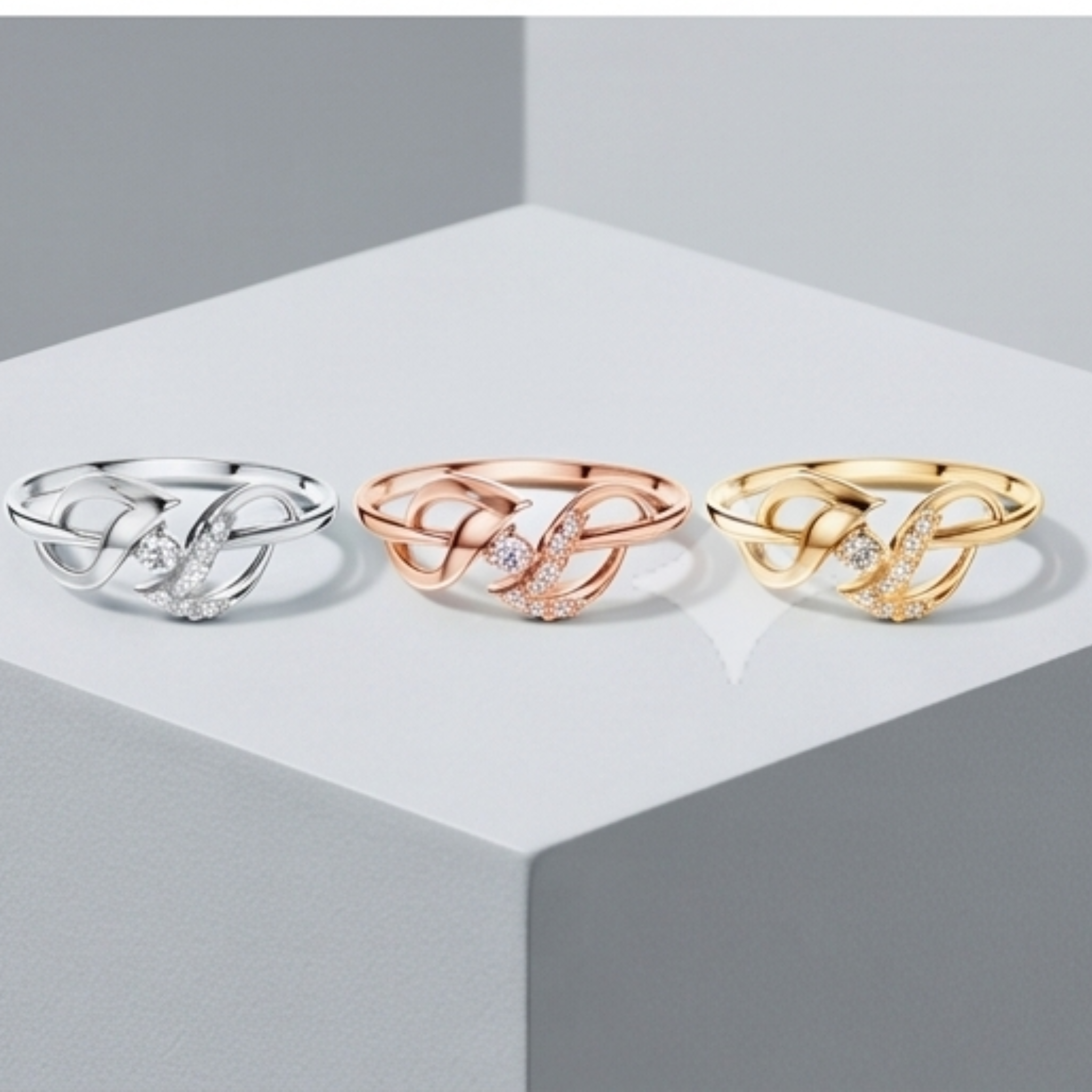 Three interlocking knot-style rings displayed side by side on a light gray geometric pedestal. The rings are shown in silver, rose gold, and yellow gold tones, each with a small clear gemstone accent.