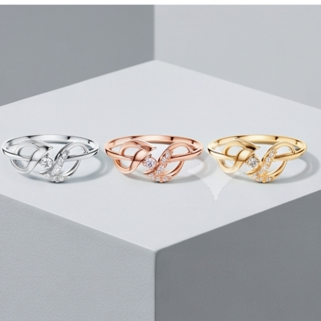 Three interlocking knot-style rings displayed side by side on a light gray geometric pedestal. The rings are shown in silver, rose gold, and yellow gold tones, each with a small clear gemstone accent.