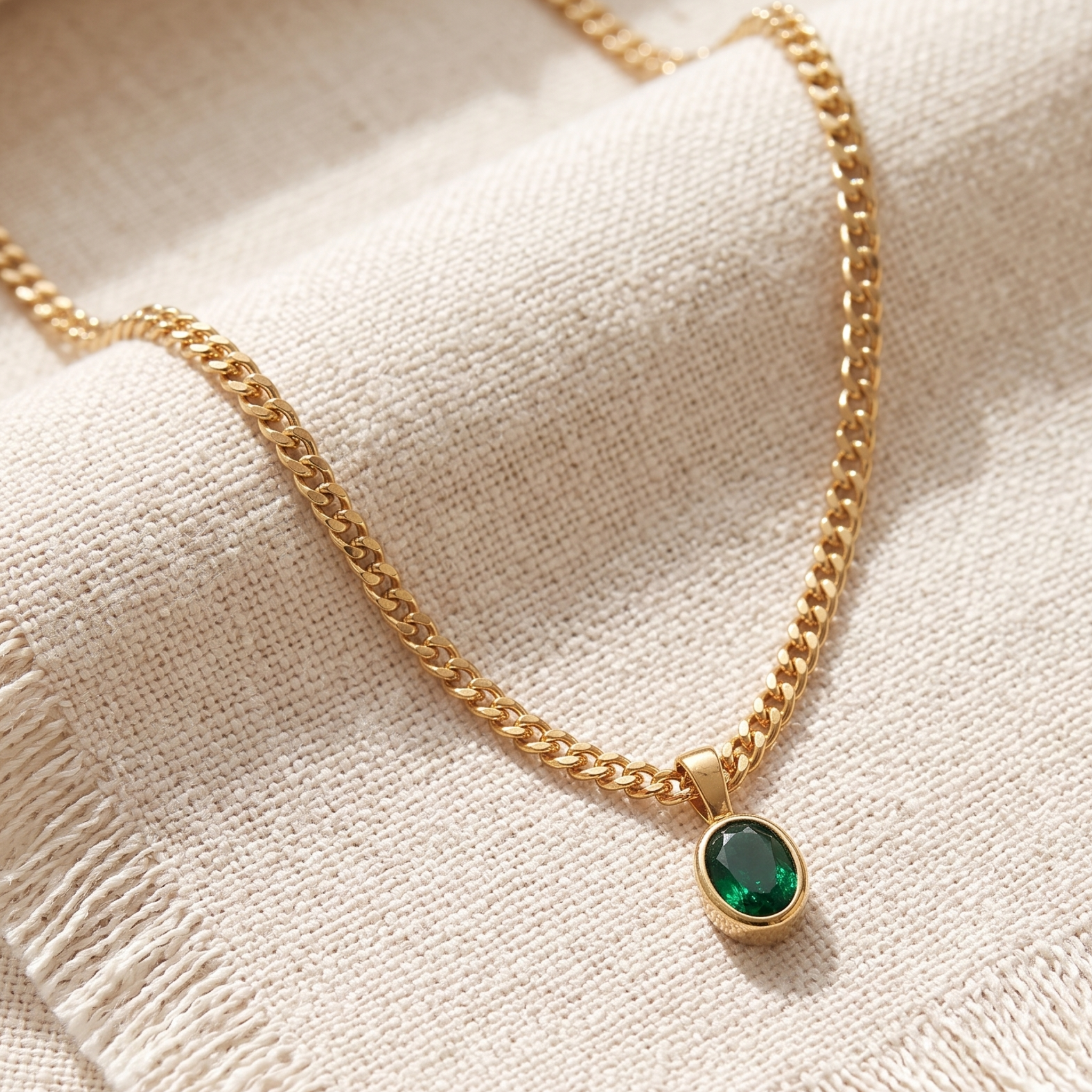1.98 CT green oval gemstone pendant necklace with polished yellow gold Cuban chain.