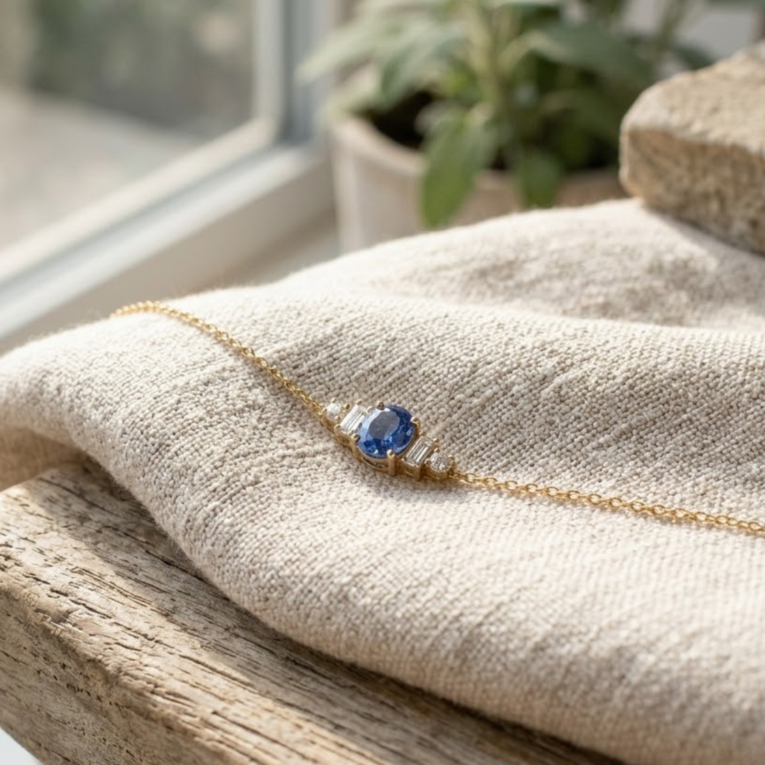 A delicate gold chain necklace with a central oval blue gemstone and small side stones, draped across a textured beige linen cloth on a rustic wooden surface with a blurred plant in the background.