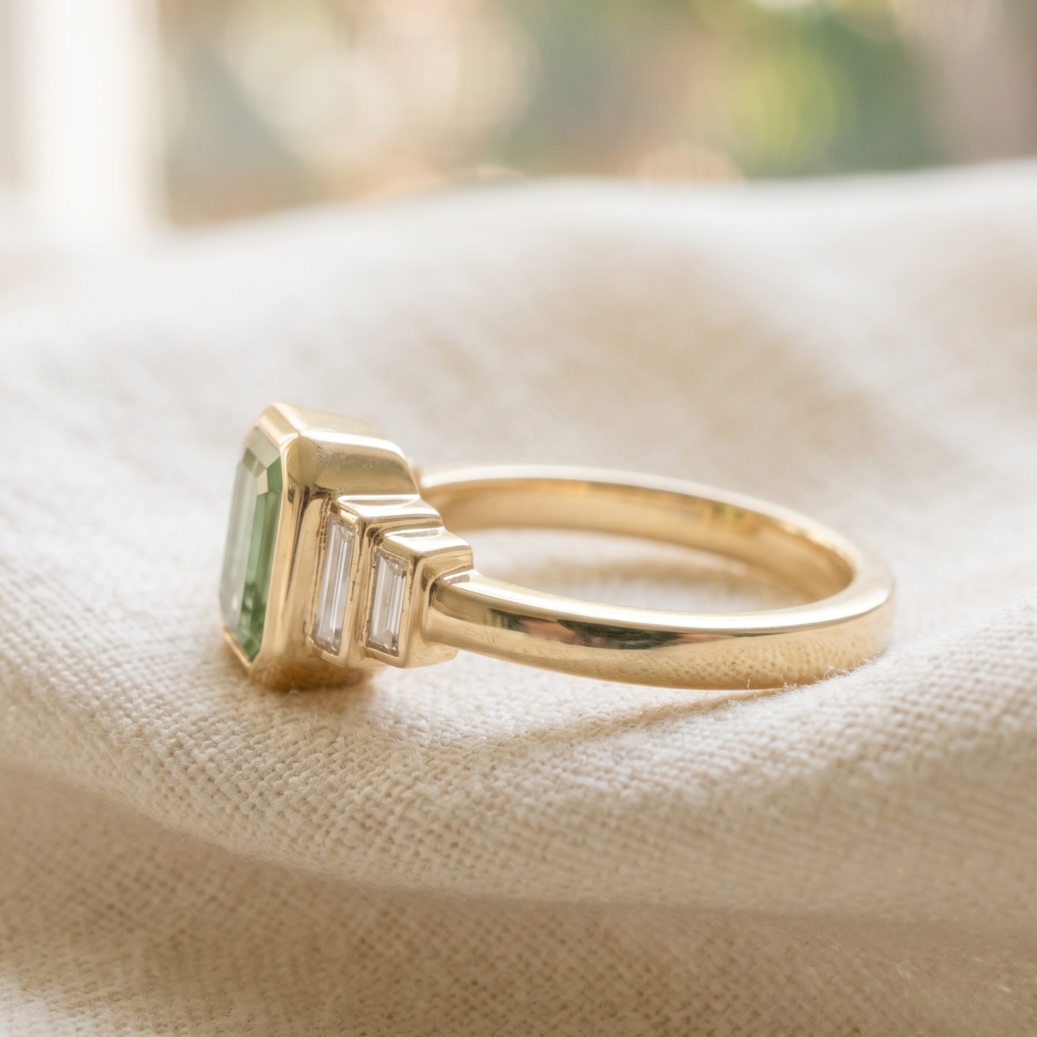 Kiashaa Jewellery 2.13 CTW green emerald and baguette diamond ring in polished yellow gold.