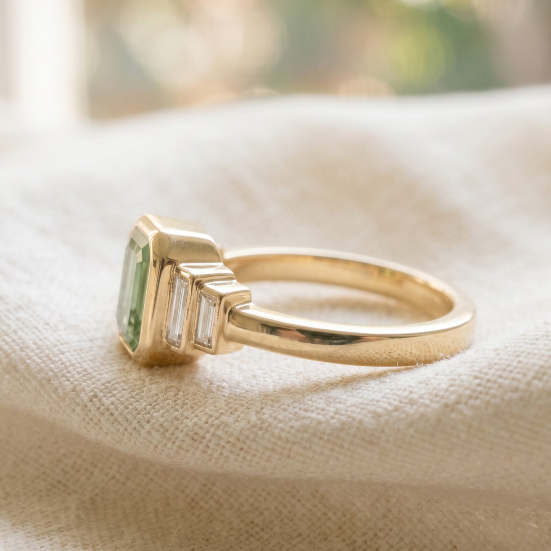 Kiashaa Jewellery 2.13 CTW green emerald and baguette diamond ring in polished yellow gold.