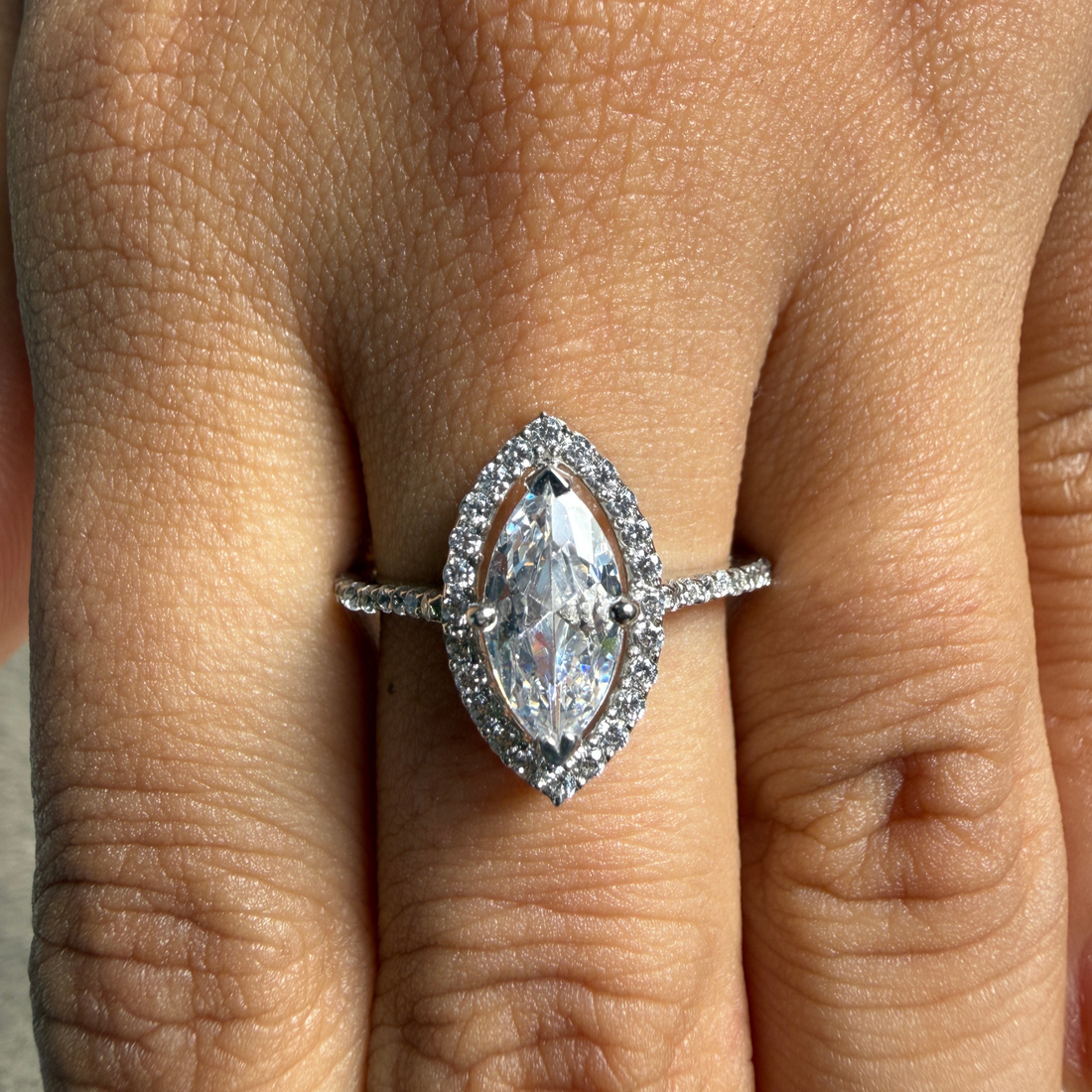Marquise halo lab-grown diamond engagement ring in white gold by Kiashaa Jewellery.