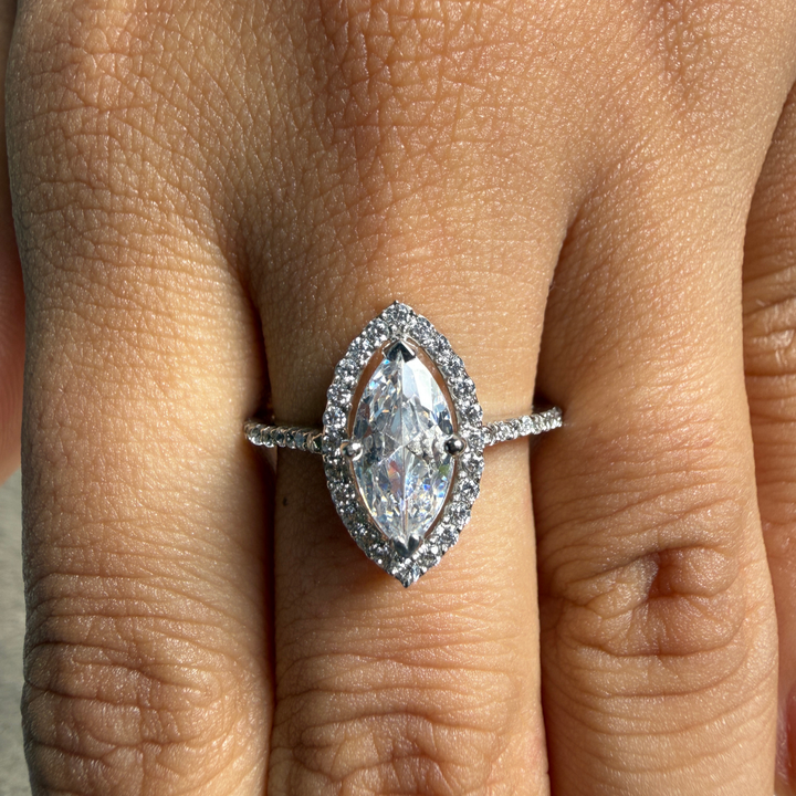 Marquise halo lab-grown diamond engagement ring in white gold by Kiashaa Jewellery.