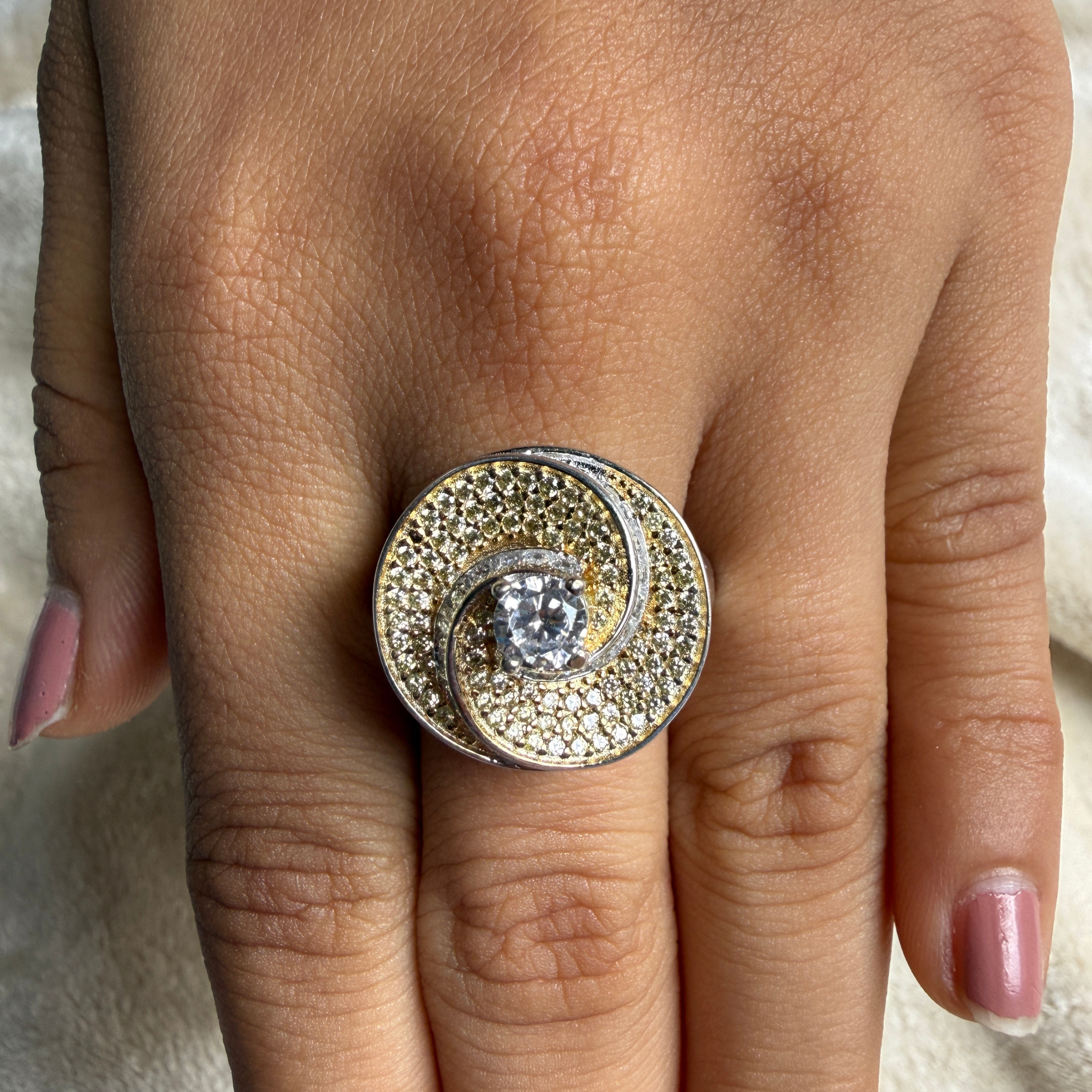 Round and baguette lab-grown diamond swirl statement ring by Kiashaa Jewellery.