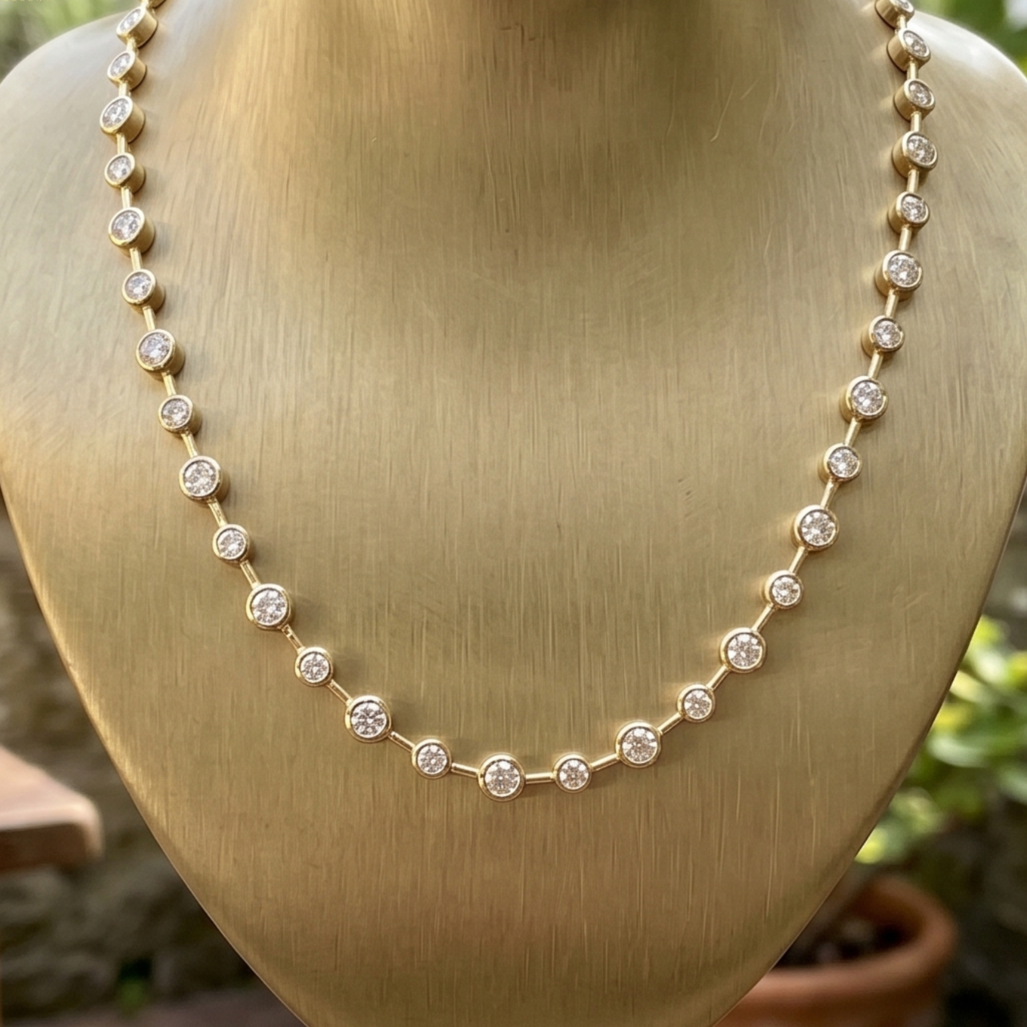 A gold tennis necklace with small round clear stones, displayed on a gold-tone mannequin bust with a softly blurred outdoor background.