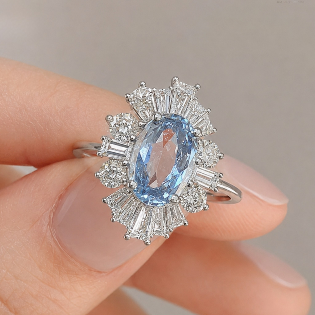 A close-up of a hand wearing a silver ring with a light blue oval center stone and surrounding baguette and round diamonds.