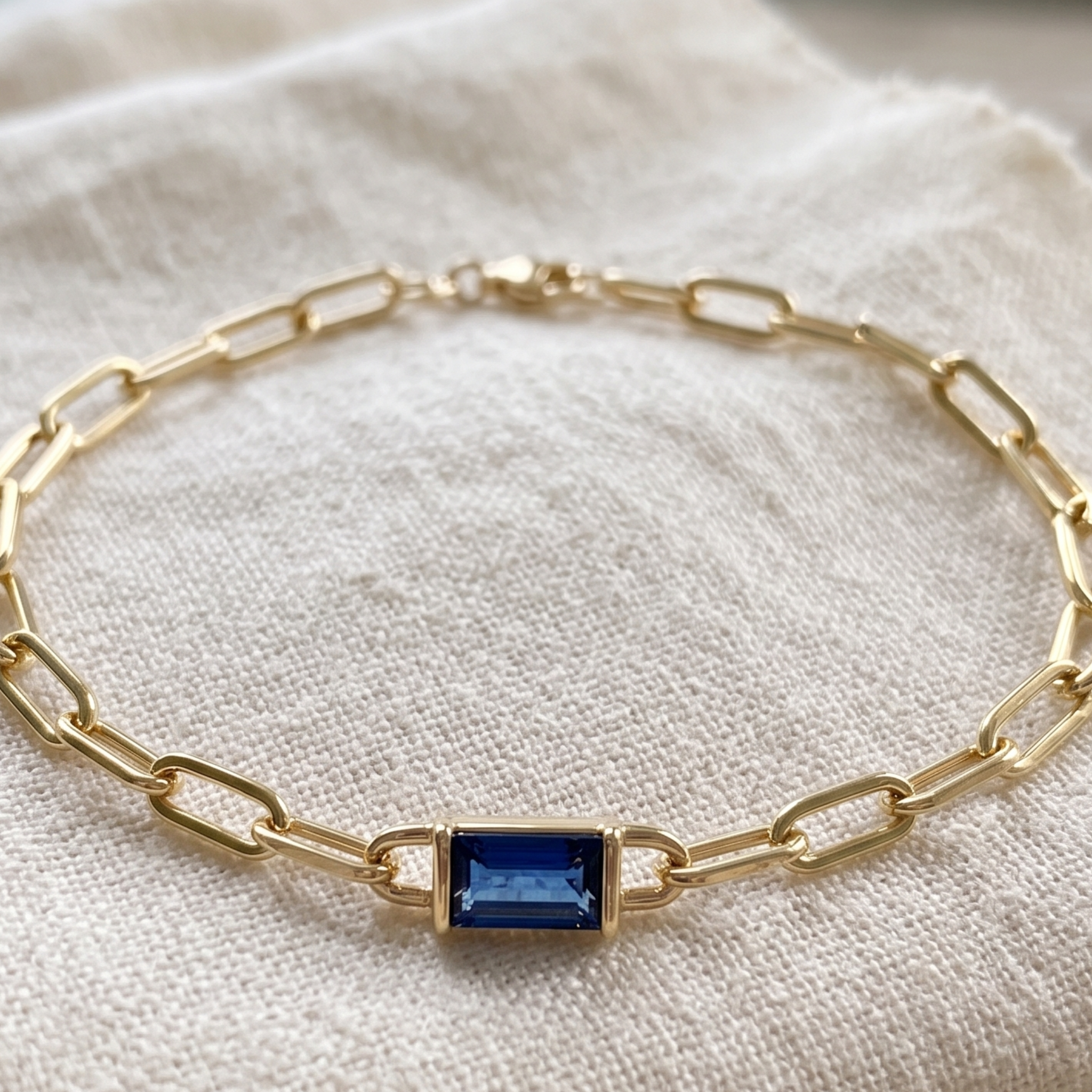 Kiashaa Jewellery 2.58 CT blue emerald-cut link bracelet in polished yellow gold.