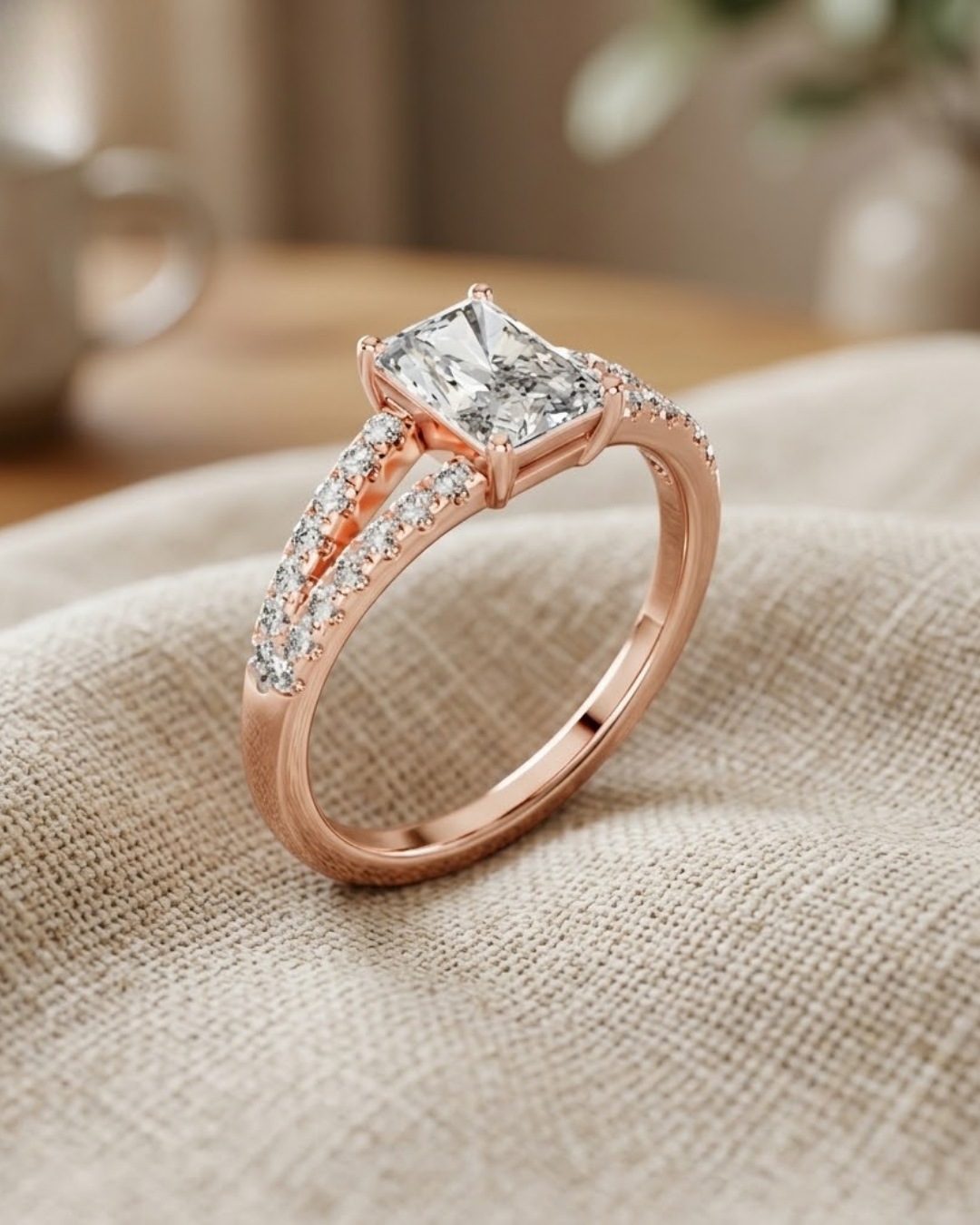 Luxury radiant and round lab-grown diamond ring by Kiashaa Jewellery in rose gold for engagements and proposals.
