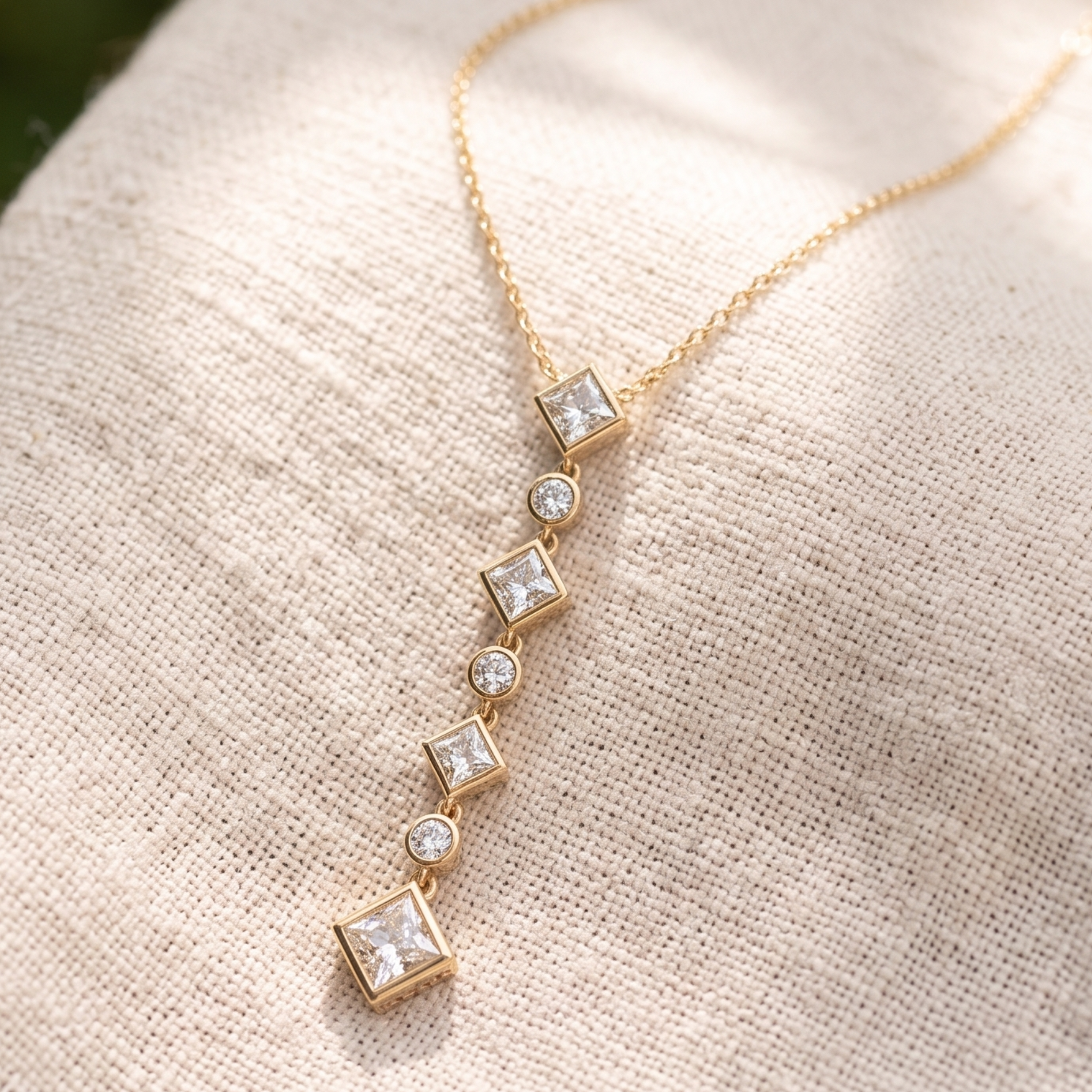 Kiashaa Jewellery 5.32 CTW princess and round diamond drop necklace in polished yellow gold.