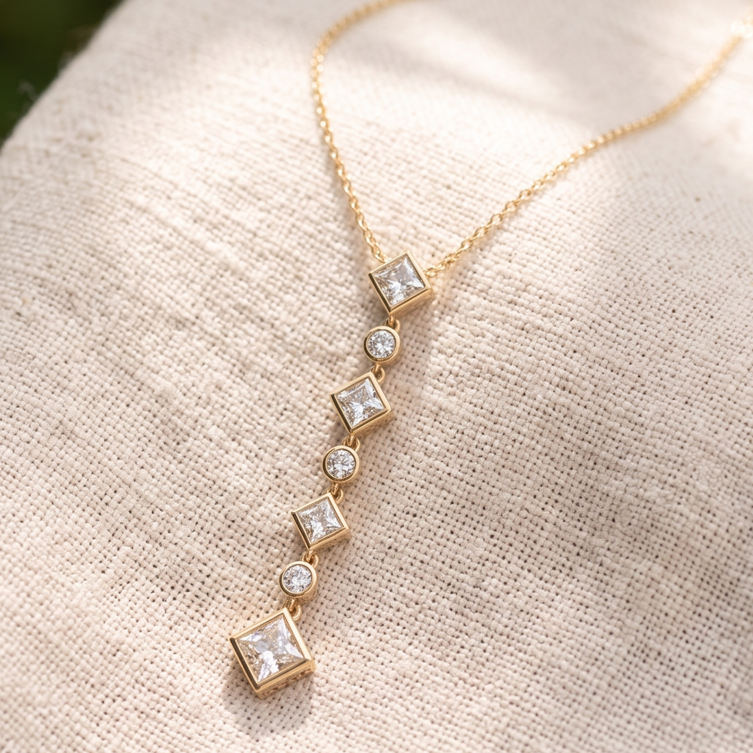 Kiashaa Jewellery 5.32 CTW princess and round diamond drop necklace in polished yellow gold.