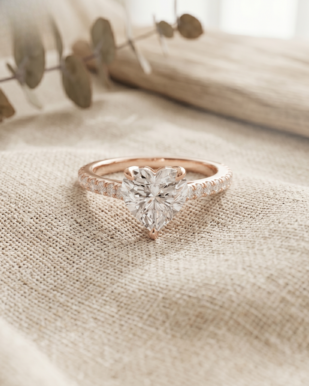 Luxury heart and round lab-grown diamond ring by Kiashaa Jewellery in rose gold for engagements and proposals.