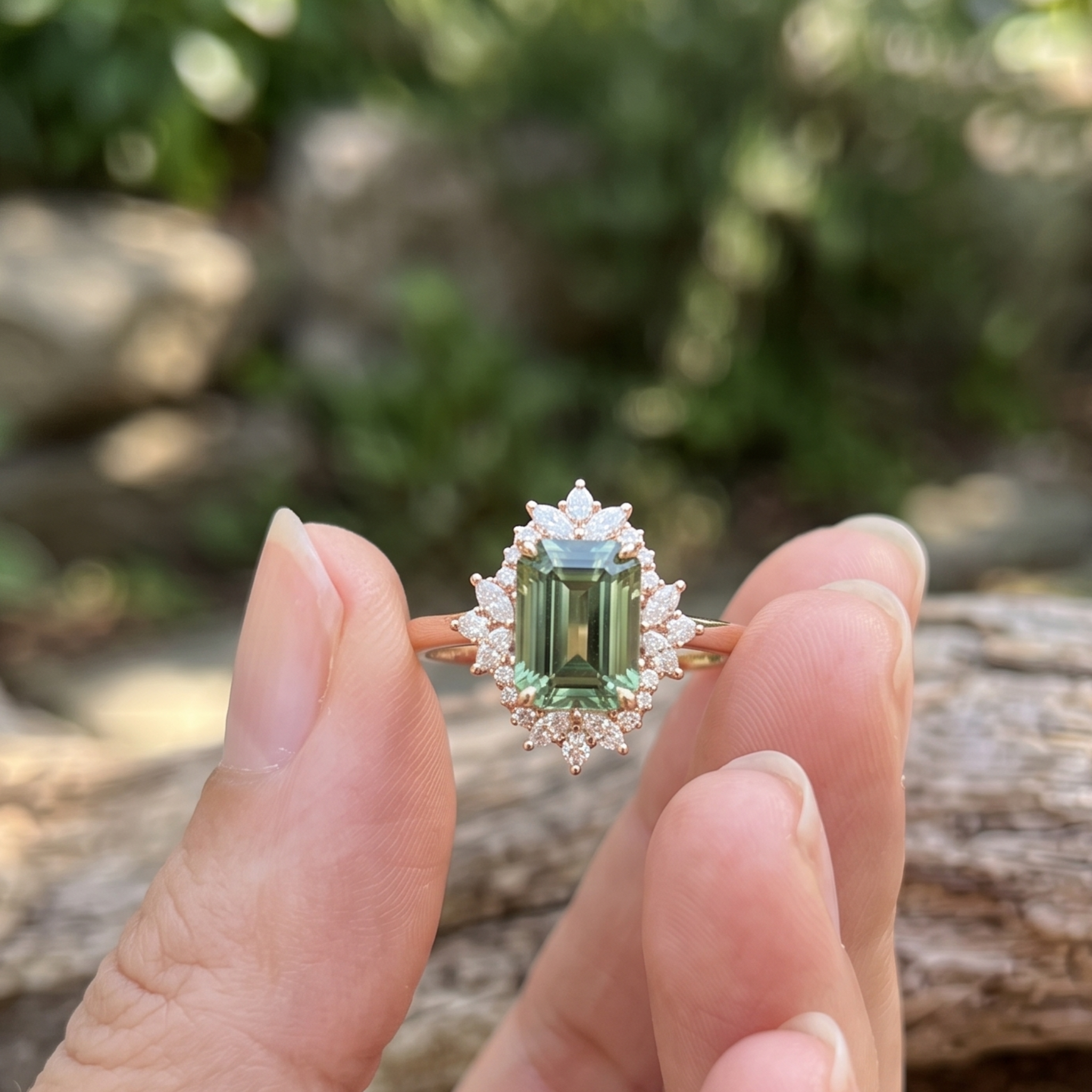 Kiashaa Jewellery 4.372 CTW green emerald diamond halo ring in polished yellow gold.