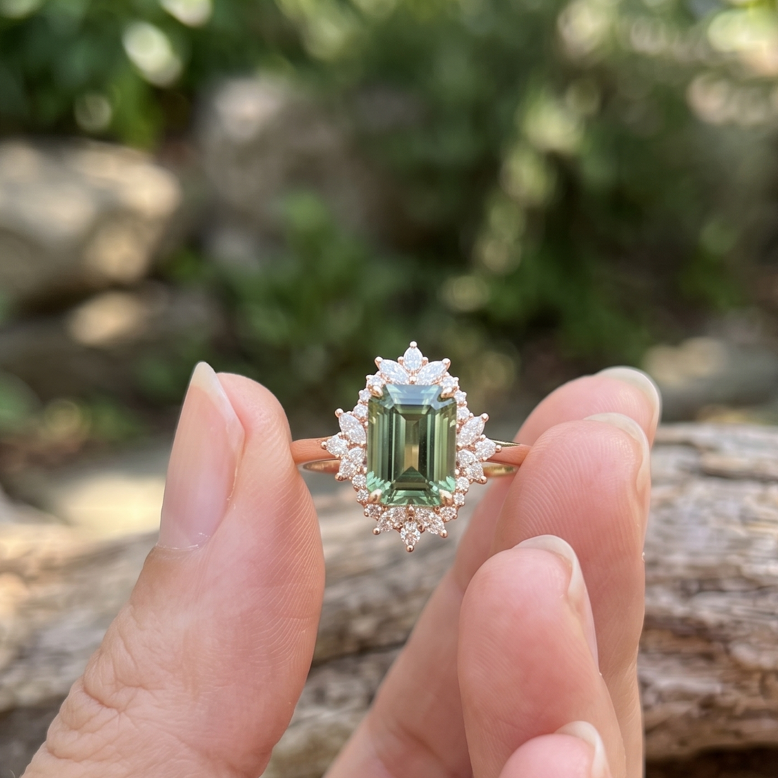Kiashaa Jewellery 4.372 CTW green emerald diamond halo ring in polished yellow gold.