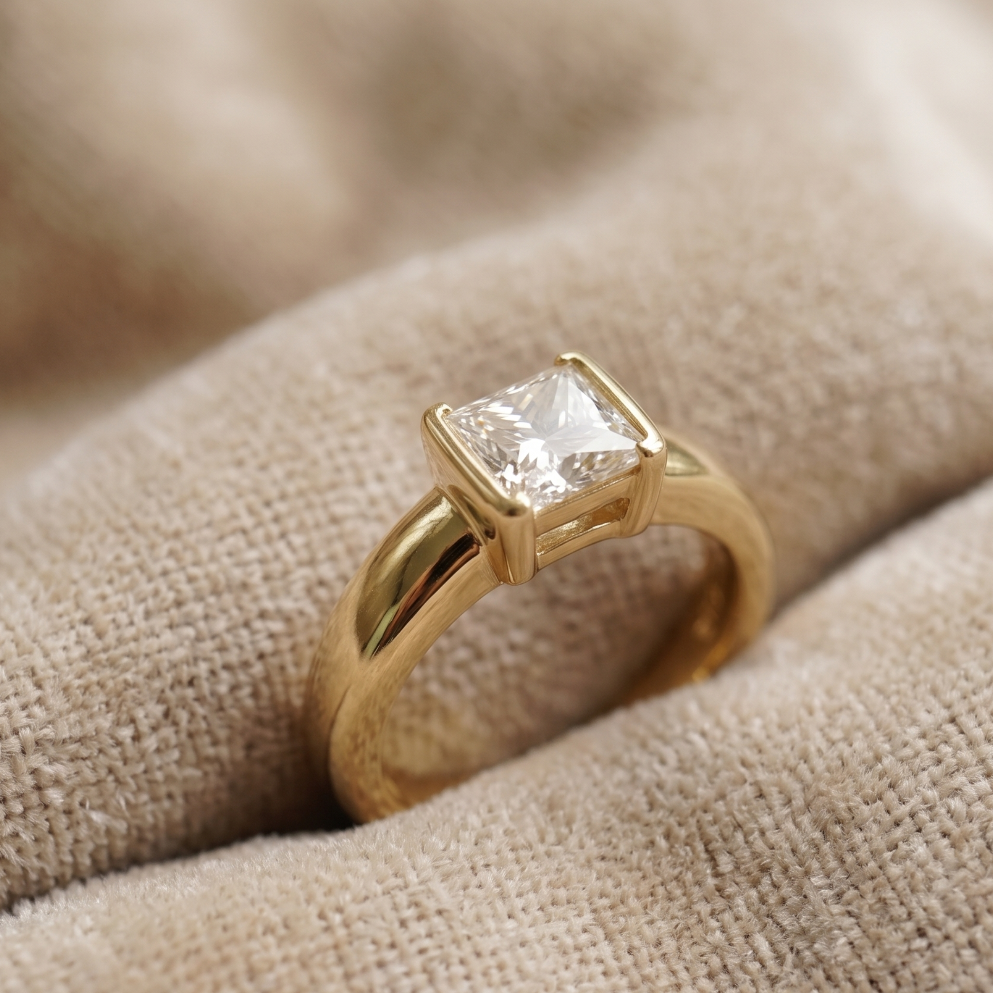 Kiashaa Jewellery 1.93 CT princess-cut solitaire ring in polished yellow gold.